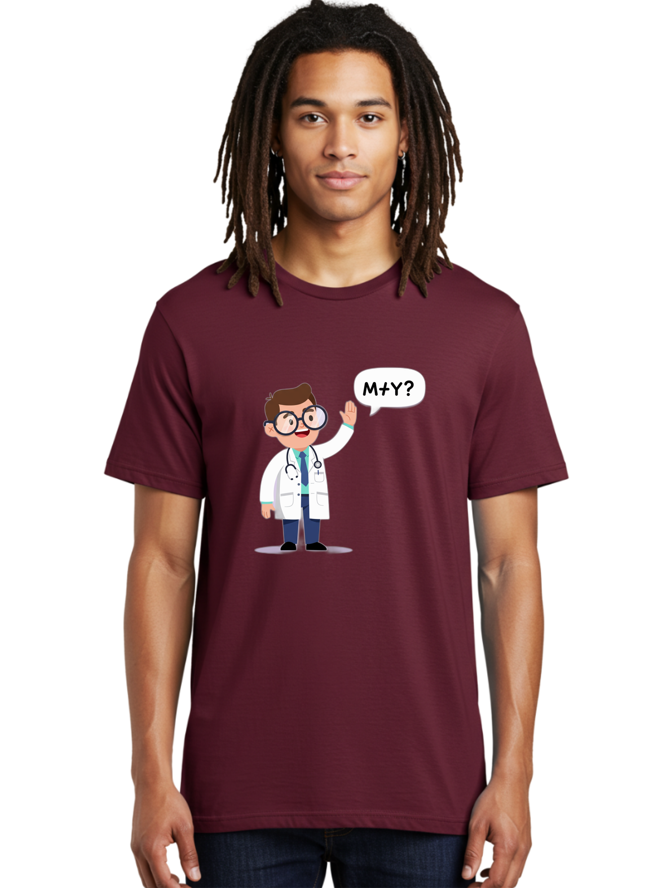 M-Y-Doctor Men'S Graphic Tee, 100% Cotton, Comfortable Casual Summer Wear, Machine Washable, Cartoon Doctor, Medical Professional, Stethoscope, White Coat, Blue Tie, Black Glasses, Waving Hand, Speech Bubble, M+Y?, Doctor Character, Baa935