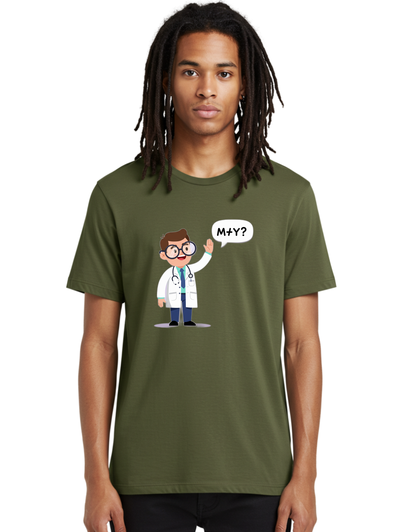 M-Y-Doctor Men'S Graphic Tee, 100% Cotton, Comfortable Casual Summer Wear, Machine Washable, Cartoon Doctor, Medical Professional, Stethoscope, White Coat, Blue Tie, Black Glasses, Waving Hand, Speech Bubble, M+Y?, Doctor Character, Baa935