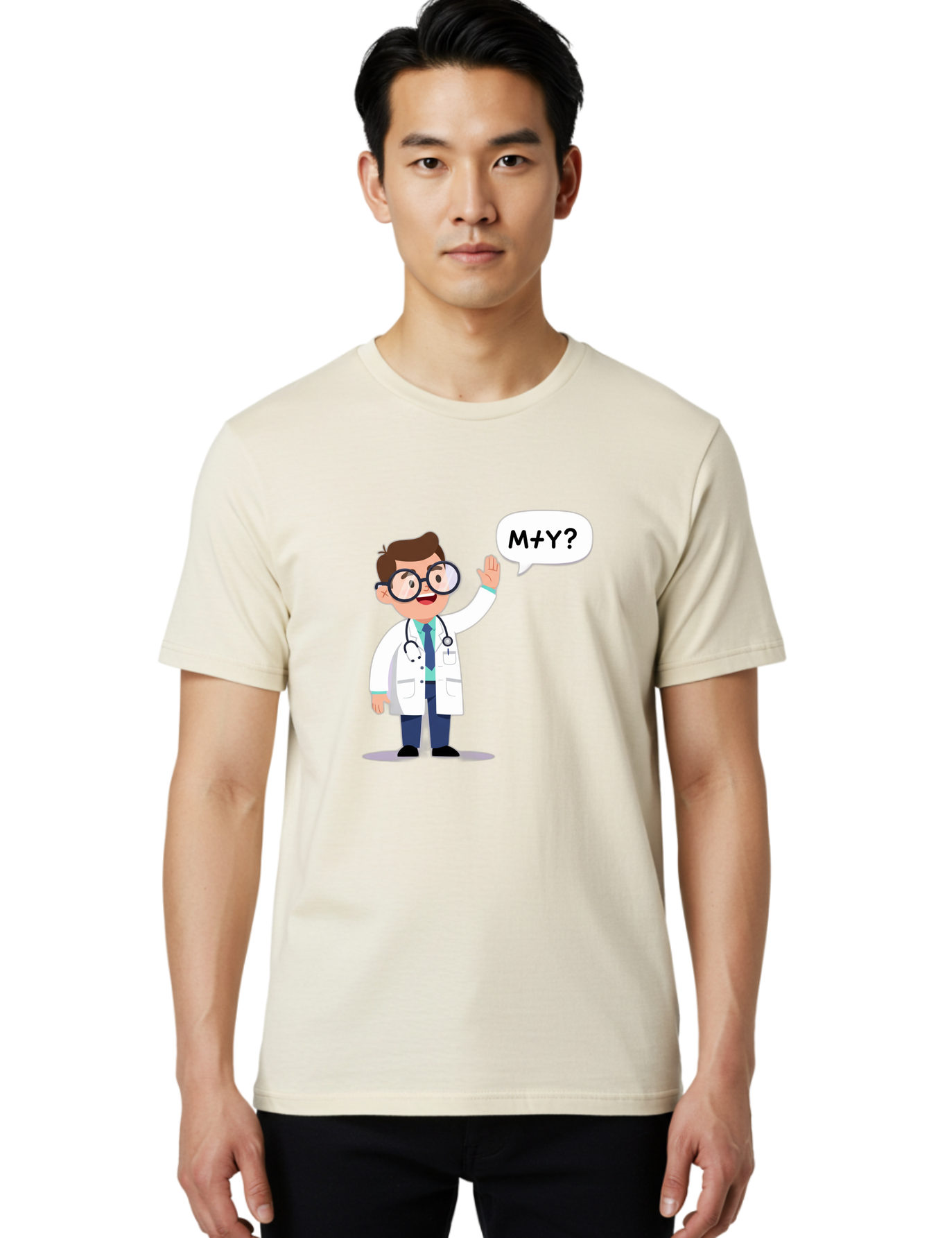M-Y-Doctor Men'S Graphic Tee, 100% Cotton, Comfortable Casual Summer Wear, Machine Washable, Cartoon Doctor, Medical Professional, Stethoscope, White Coat, Blue Tie, Black Glasses, Waving Hand, Speech Bubble, M+Y?, Doctor Character, Baa935