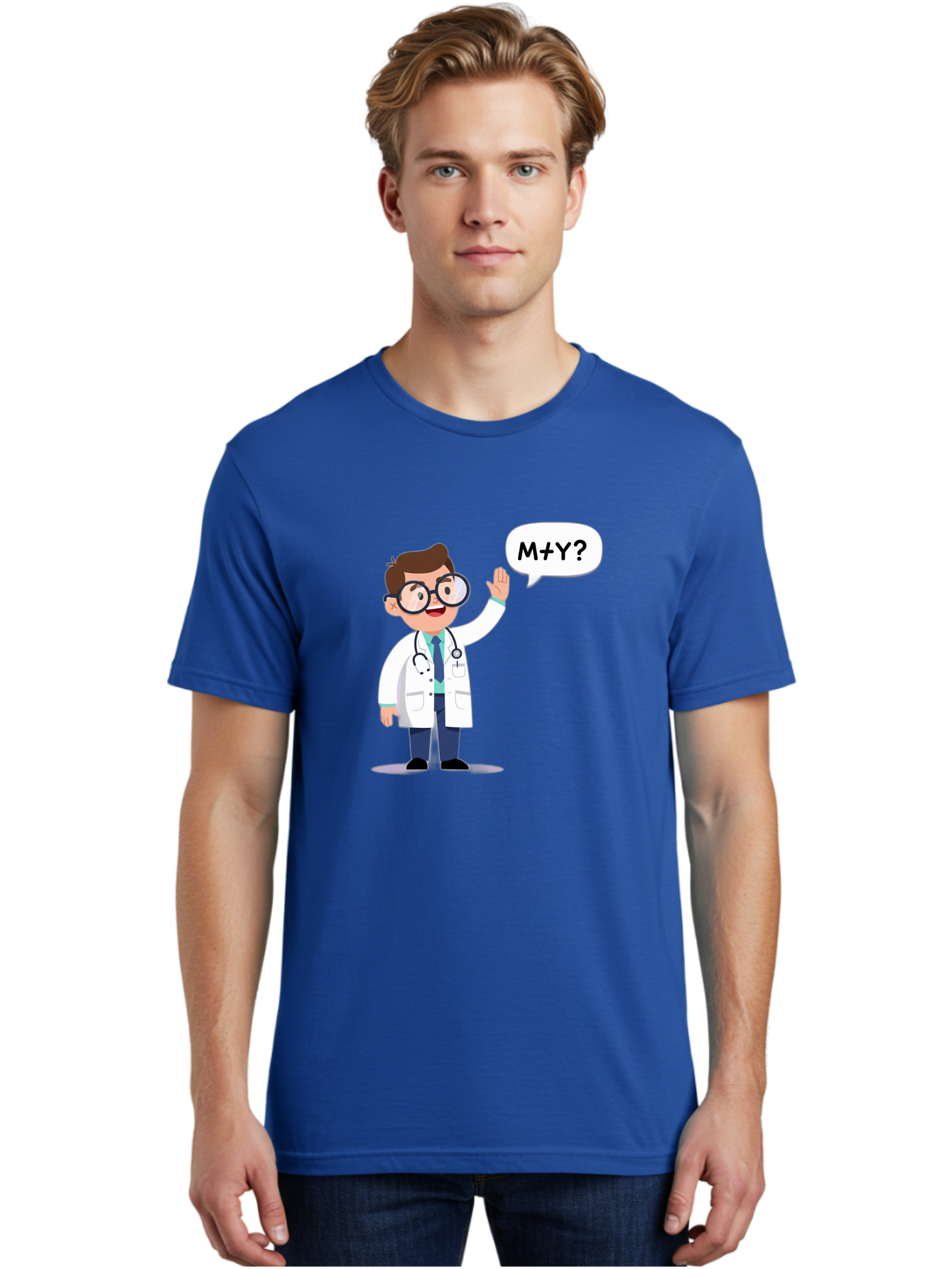 M-Y-Doctor Men'S Graphic Tee, 100% Cotton, Comfortable Casual Summer Wear, Machine Washable, Cartoon Doctor, Medical Professional, Stethoscope, White Coat, Blue Tie, Black Glasses, Waving Hand, Speech Bubble, M+Y?, Doctor Character, Baa935