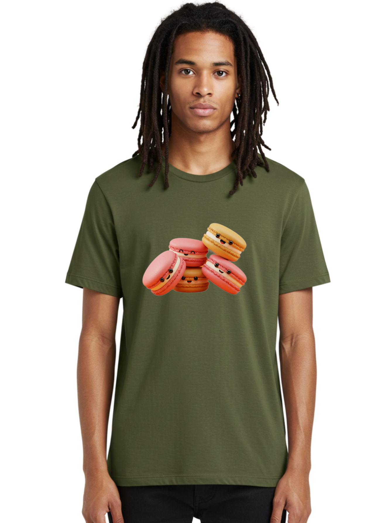 Macaron-Faces Men'S Graphic Tee, 100% Cotton, Comfortable Casual Summer Wear, Machine Washable, Pink Macarons, Smiling Faces, Cartoon-Style Desserts, Adorable Treats, French Patisserie, Sweet Delights, Happy Emotions, Cute Pastries, Baa936