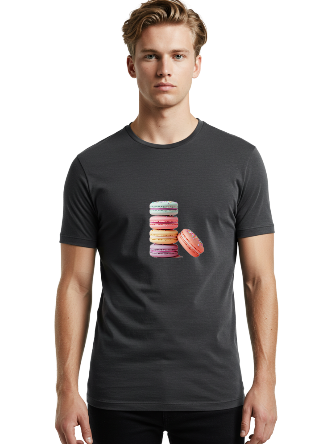 Macaron-Stack-1 Men'S Graphic Tee, 100% Cotton, Comfortable Casual Summer Wear, Machine Washable, Pastel-Colored Macarons, Stacked Macarons, Colorful Dessert, Sweet Treats, Macaron Stack, Vibrant Colors, Sweet Macarons, French Patisserie Baa937
