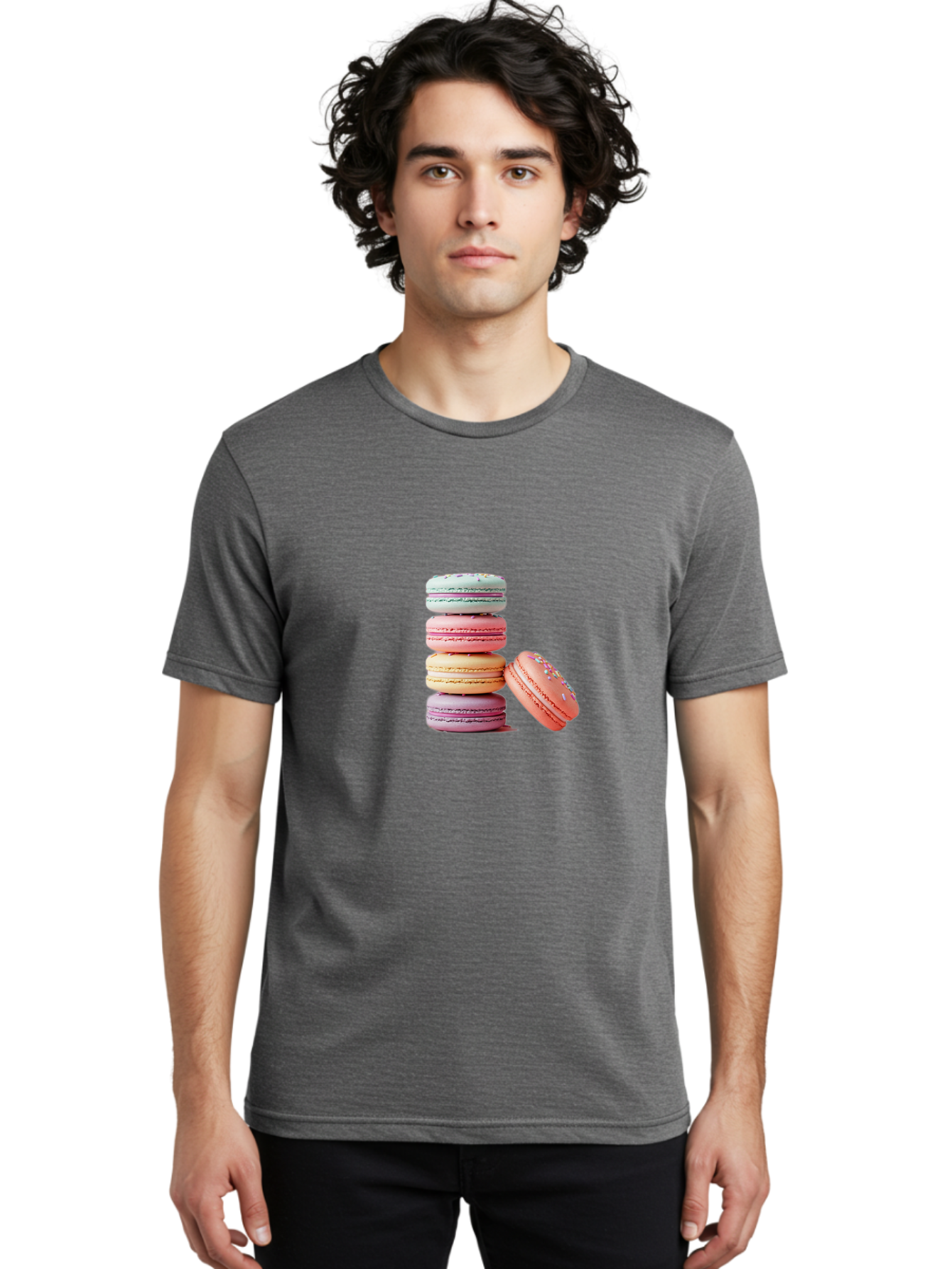 Macaron-Stack-1 Men'S Graphic Tee, 100% Cotton, Comfortable Casual Summer Wear, Machine Washable, Pastel-Colored Macarons, Stacked Macarons, Colorful Dessert, Sweet Treats, Macaron Stack, Vibrant Colors, Sweet Macarons, French Patisserie Baa937