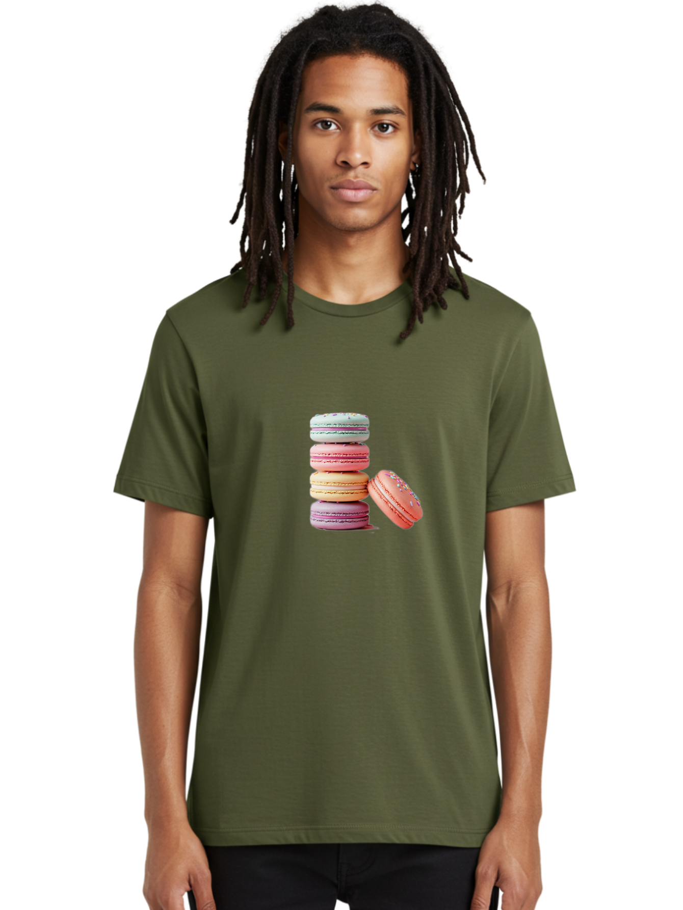 Macaron-Stack-1 Men'S Graphic Tee, 100% Cotton, Comfortable Casual Summer Wear, Machine Washable, Pastel-Colored Macarons, Stacked Macarons, Colorful Dessert, Sweet Treats, Macaron Stack, Vibrant Colors, Sweet Macarons, French Patisserie Baa937