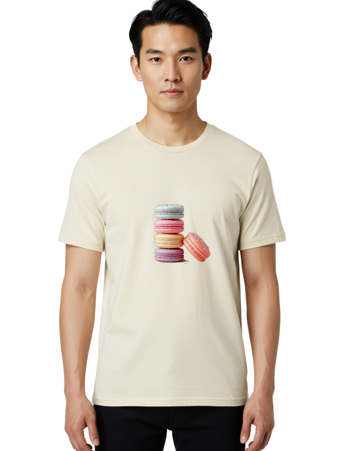 Macaron-Stack-1 Men'S Graphic Tee, 100% Cotton, Comfortable Casual Summer Wear, Machine Washable, Pastel-Colored Macarons, Stacked Macarons, Colorful Dessert, Sweet Treats, Macaron Stack, Vibrant Colors, Sweet Macarons, French Patisserie Baa937