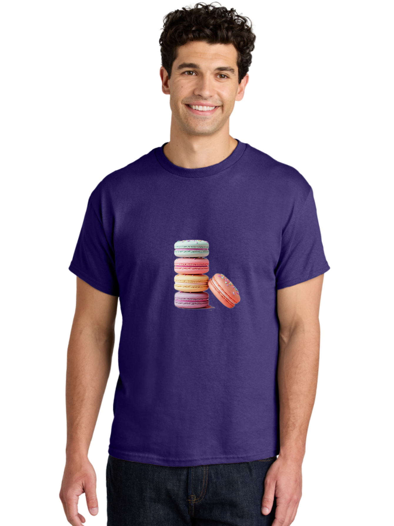 Macaron-Stack-1 Men'S Graphic Tee, 100% Cotton, Comfortable Casual Summer Wear, Machine Washable, Pastel-Colored Macarons, Stacked Macarons, Colorful Dessert, Sweet Treats, Macaron Stack, Vibrant Colors, Sweet Macarons, French Patisserie Baa937
