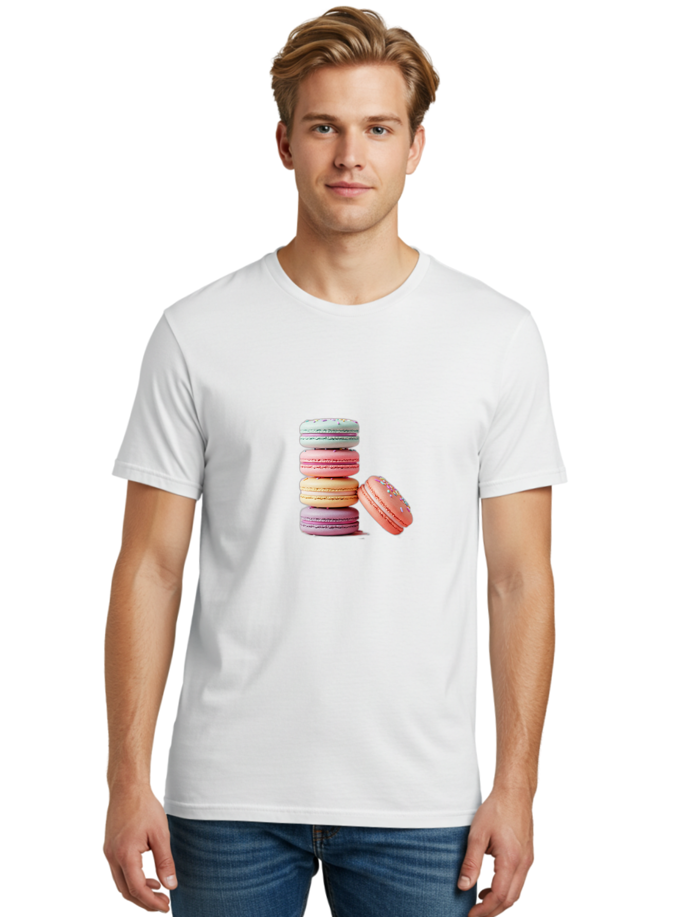 Macaron-Stack-1 Men'S Graphic Tee, 100% Cotton, Comfortable Casual Summer Wear, Machine Washable, Pastel-Colored Macarons, Stacked Macarons, Colorful Dessert, Sweet Treats, Macaron Stack, Vibrant Colors, Sweet Macarons, French Patisserie Baa937