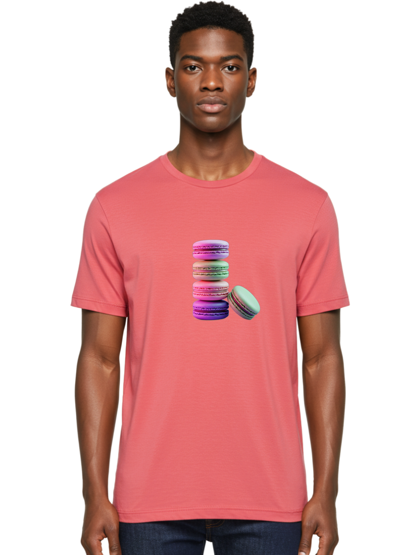 Macaron-Tower-1 Men'S Graphic Tee, 100% Cotton, Comfortable Casual Summer Wear, Machine Washable, Stacked Macarons, Colorful Treats, French Desserts, Sweet Indulgences, Pastel Colors, Layered Cookies, Creamy Fillings, Dessert Photography Baa939