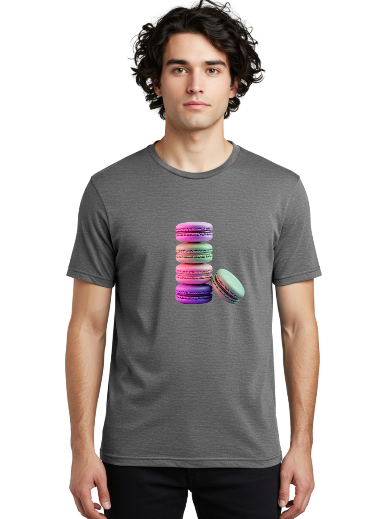 Macaron-Tower-1 Men'S Graphic Tee, 100% Cotton, Comfortable Casual Summer Wear, Machine Washable, Stacked Macarons, Colorful Treats, French Desserts, Sweet Indulgences, Pastel Colors, Layered Cookies, Creamy Fillings, Dessert Photography Baa939