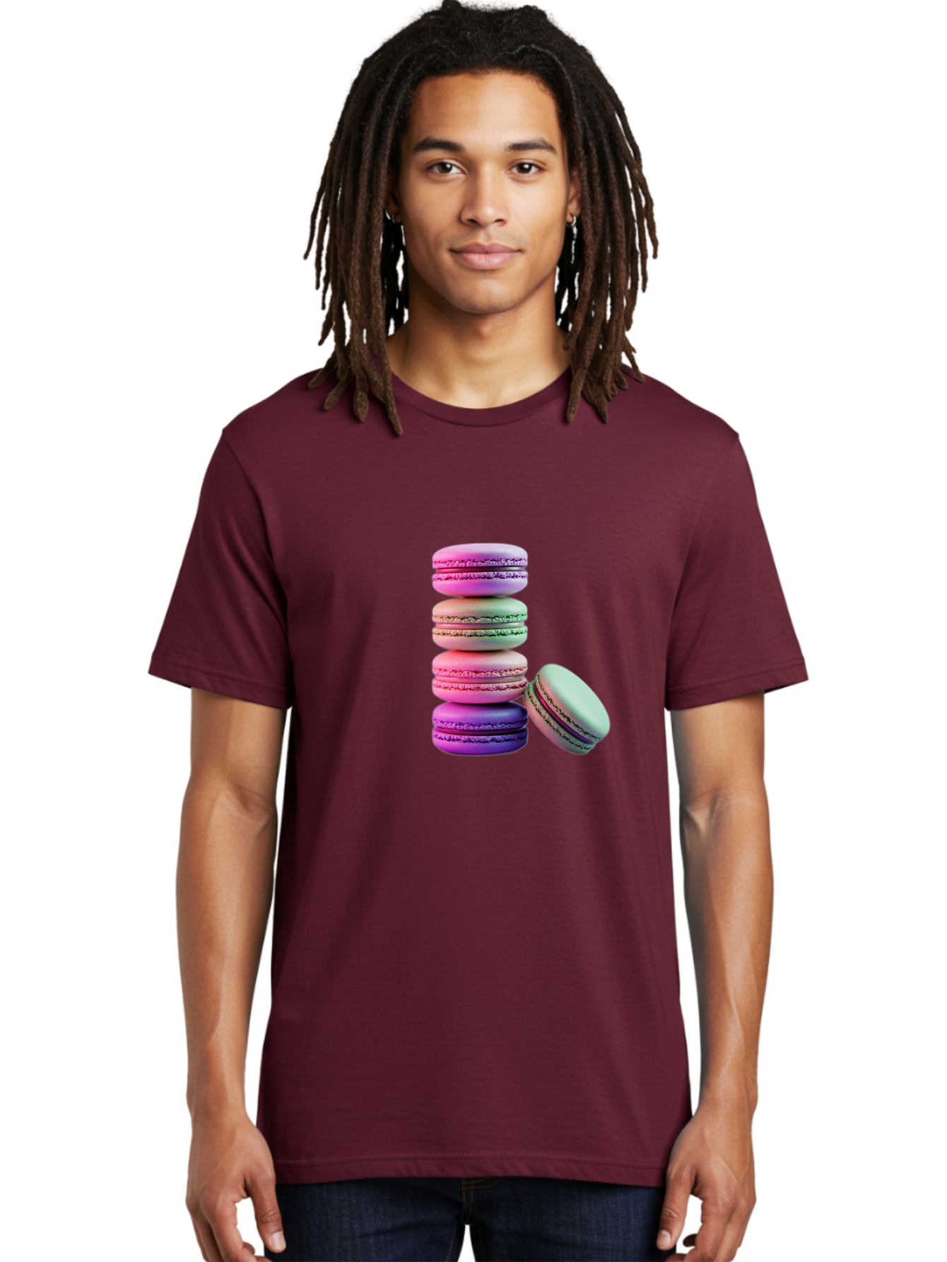 Macaron-Tower-1 Men'S Graphic Tee, 100% Cotton, Comfortable Casual Summer Wear, Machine Washable, Stacked Macarons, Colorful Treats, French Desserts, Sweet Indulgences, Pastel Colors, Layered Cookies, Creamy Fillings, Dessert Photography Baa939