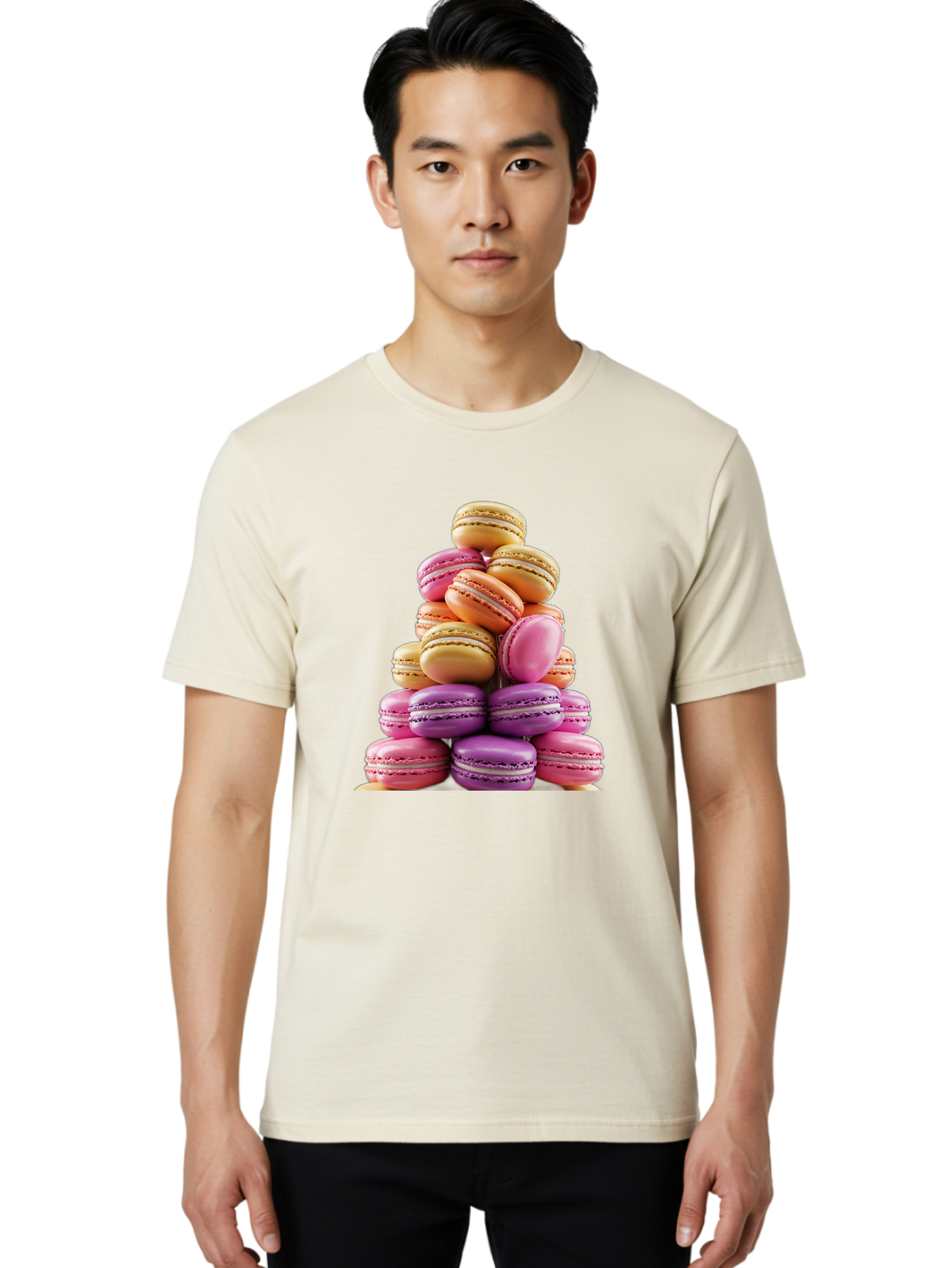 Macaron-Tower-2 Men'S Graphic Tee, 100% Cotton, Comfortable Casual Summer Wear, Machine Washable, Stack Of Macarons, Colorful Macarons, Pastel Colors, Dessert Display, Sweet Treats, French Patisserie, Macaron Stack, Pastel Pink, Purple, Baa940