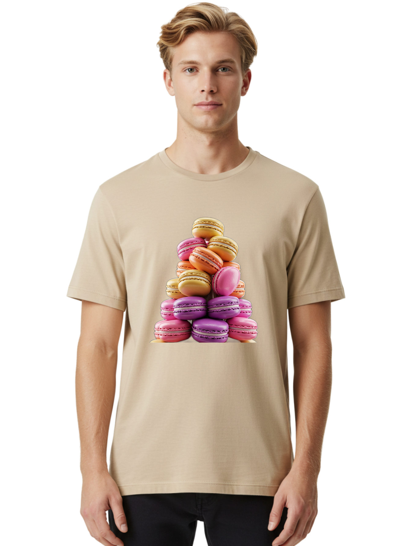 Macaron-Tower-2 Men'S Graphic Tee, 100% Cotton, Comfortable Casual Summer Wear, Machine Washable, Stack Of Macarons, Colorful Macarons, Pastel Colors, Dessert Display, Sweet Treats, French Patisserie, Macaron Stack, Pastel Pink, Purple, Baa940