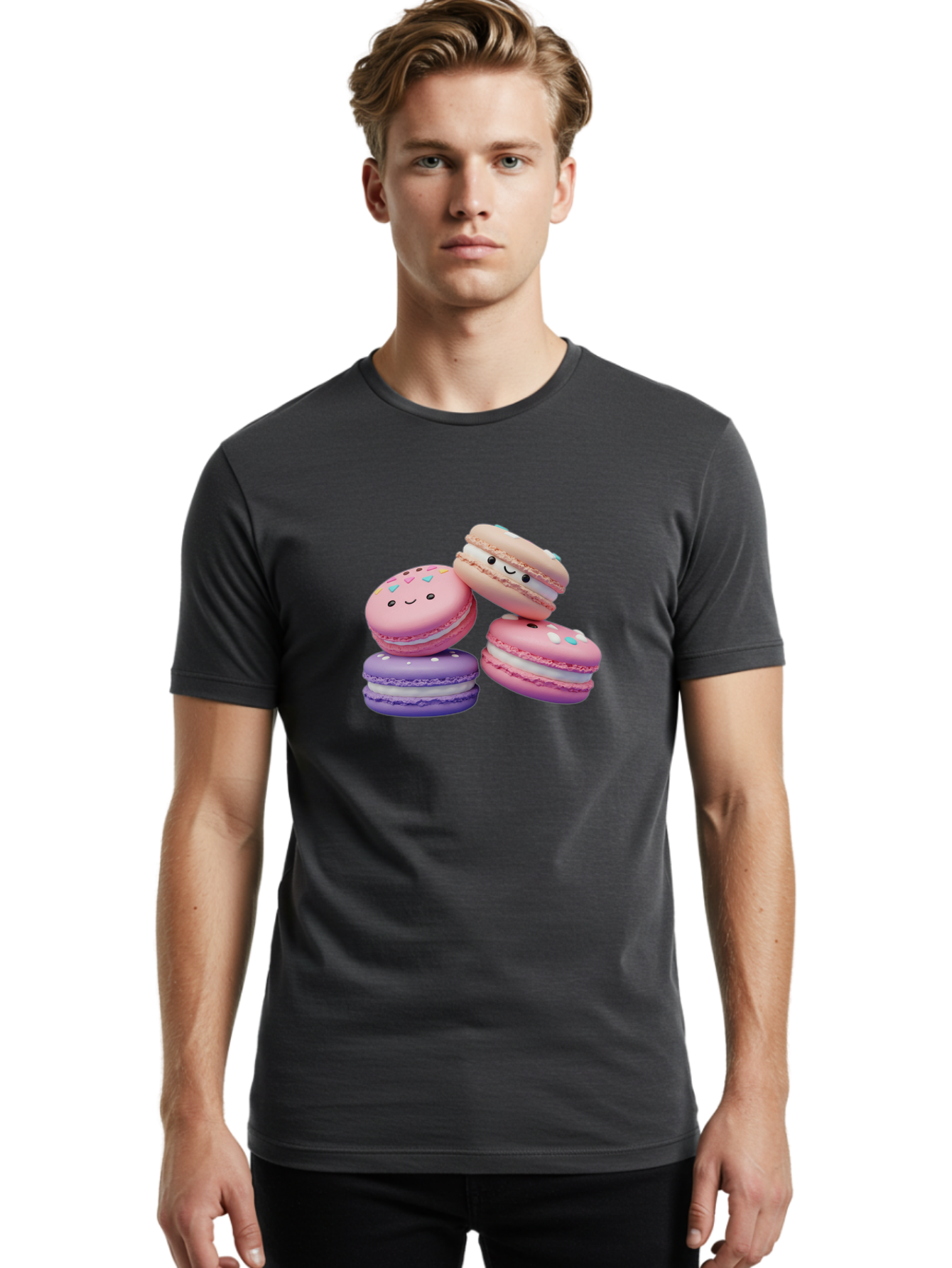Macarons-1 Men'S Graphic Tee, 100% Cotton, Comfortable Casual Summer Wear, Machine Washable, Colorful Macarons, Pink Macarons, Purple Macarons, White Filling, Cute Faces, Cartoon Desserts, Sweet Treats, Pastel Colors, Desserts With Faces, Baa943