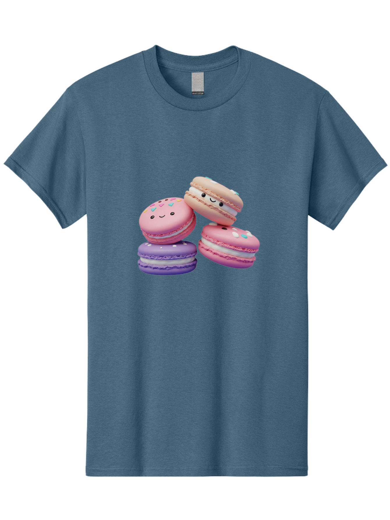 Macarons-1 Men'S Graphic Tee, 100% Cotton, Comfortable Casual Summer Wear, Machine Washable, Colorful Macarons, Pink Macarons, Purple Macarons, White Filling, Cute Faces, Cartoon Desserts, Sweet Treats, Pastel Colors, Desserts With Faces, Baa943