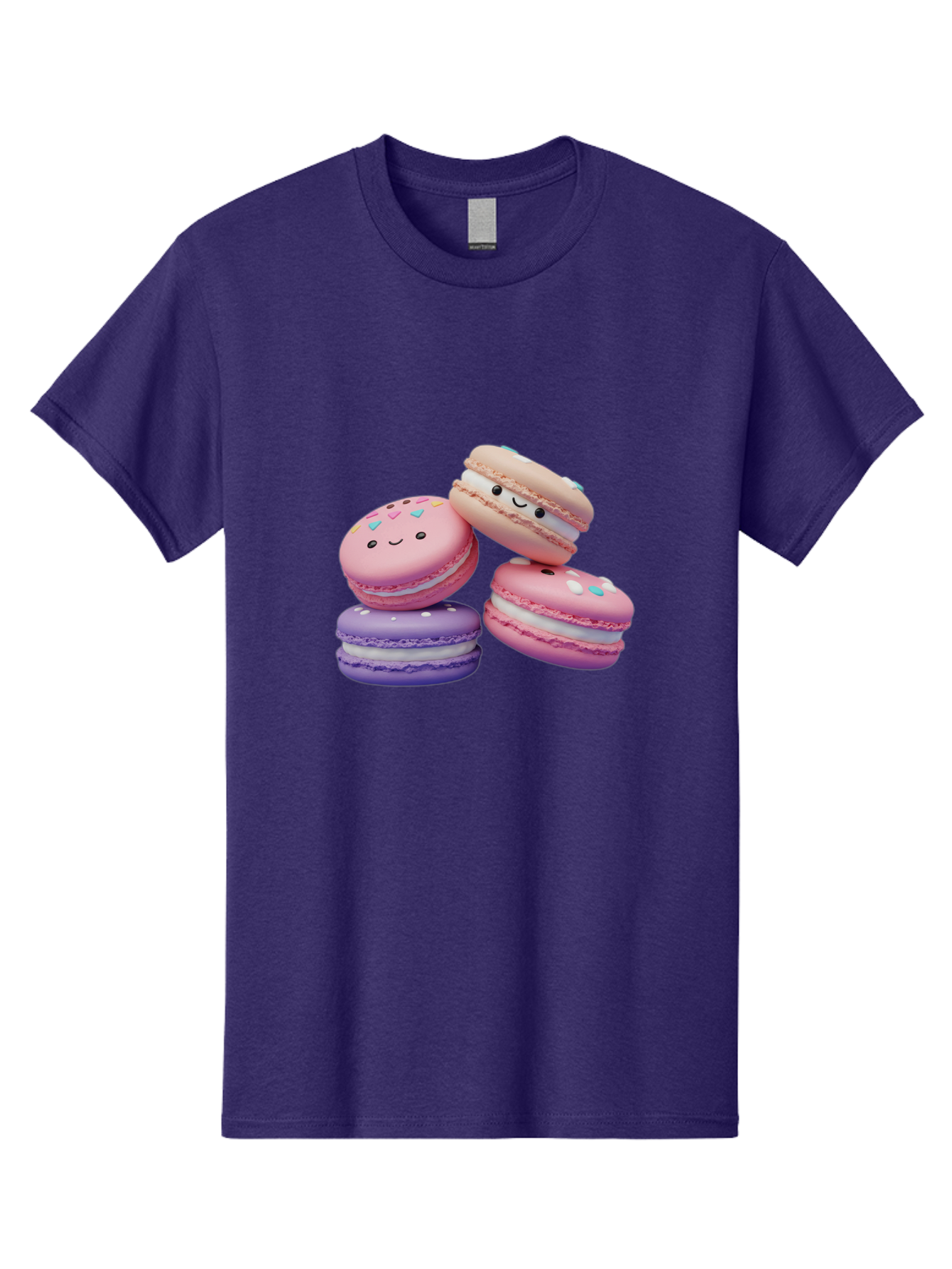 Macarons-1 Men'S Graphic Tee, 100% Cotton, Comfortable Casual Summer Wear, Machine Washable, Colorful Macarons, Pink Macarons, Purple Macarons, White Filling, Cute Faces, Cartoon Desserts, Sweet Treats, Pastel Colors, Desserts With Faces, Baa943