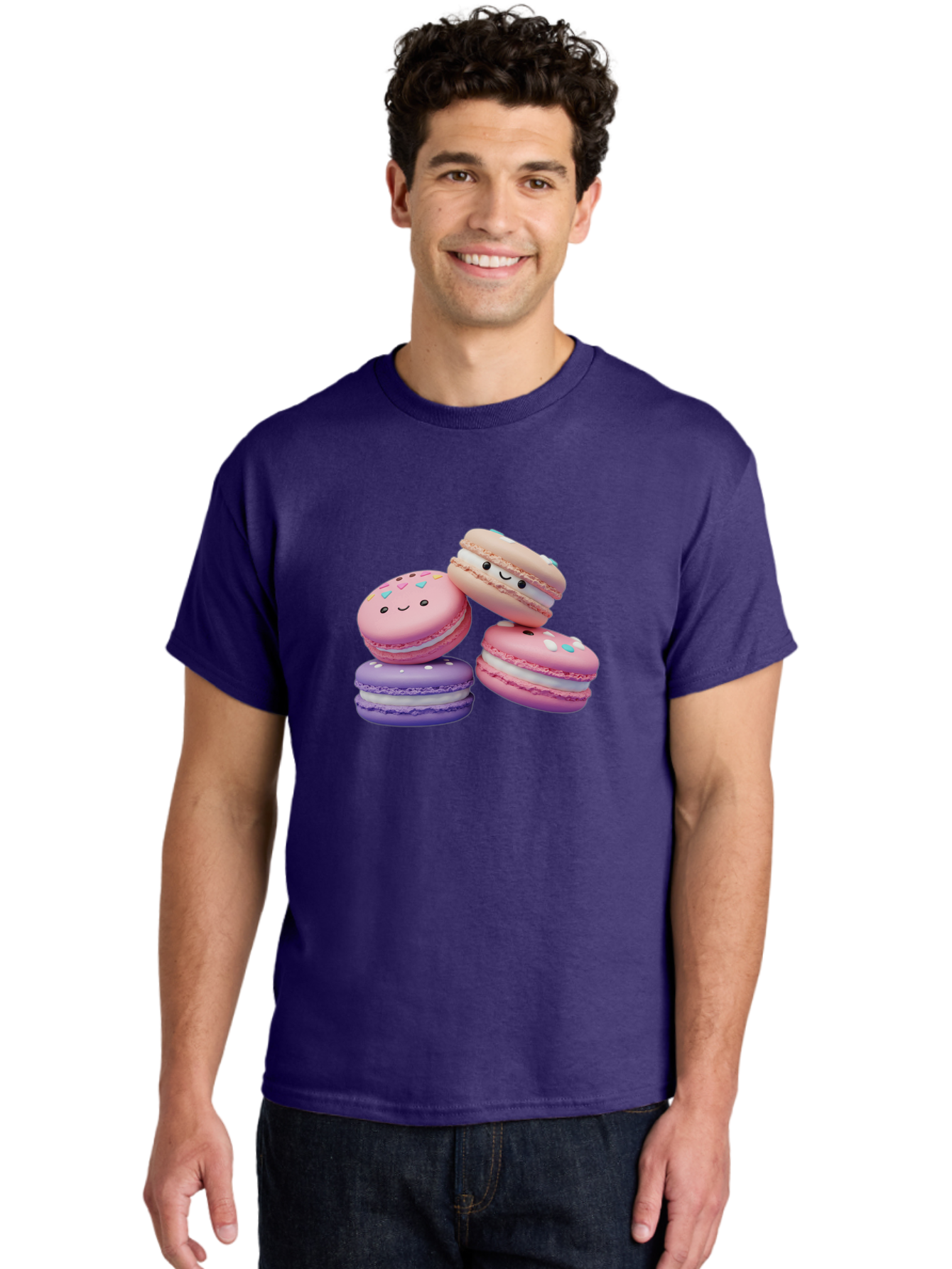 Macarons-1 Men'S Graphic Tee, 100% Cotton, Comfortable Casual Summer Wear, Machine Washable, Colorful Macarons, Pink Macarons, Purple Macarons, White Filling, Cute Faces, Cartoon Desserts, Sweet Treats, Pastel Colors, Desserts With Faces, Baa943