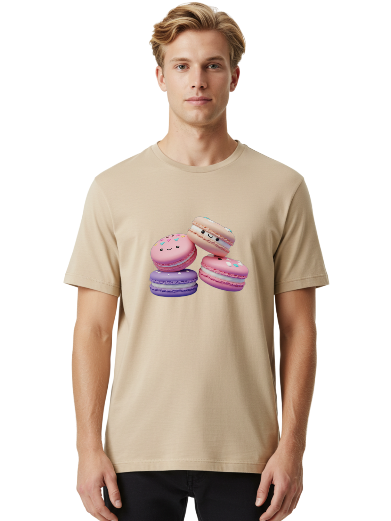 Macarons-1 Men'S Graphic Tee, 100% Cotton, Comfortable Casual Summer Wear, Machine Washable, Colorful Macarons, Pink Macarons, Purple Macarons, White Filling, Cute Faces, Cartoon Desserts, Sweet Treats, Pastel Colors, Desserts With Faces, Baa943