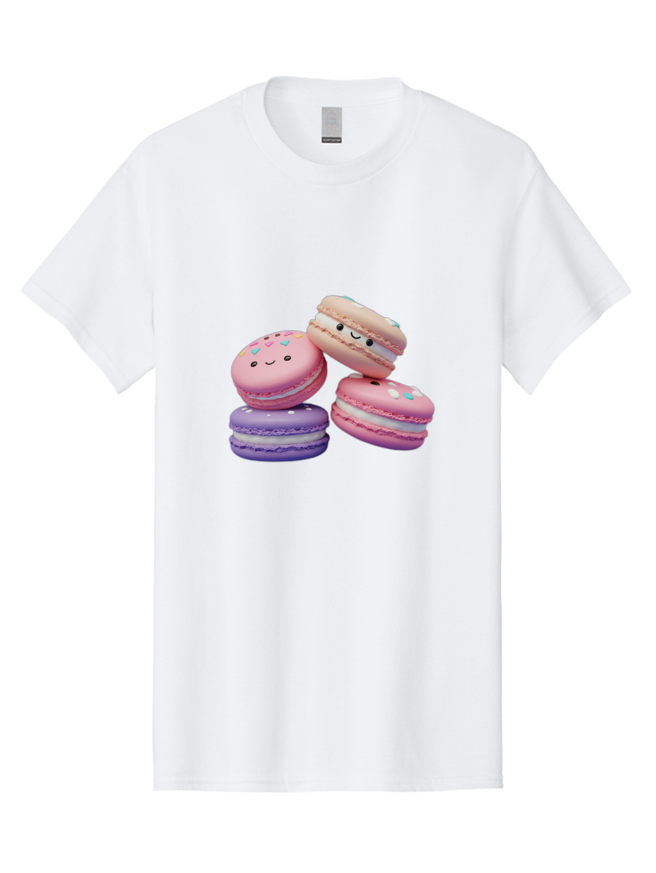Macarons-1 Men'S Graphic Tee, 100% Cotton, Comfortable Casual Summer Wear, Machine Washable, Colorful Macarons, Pink Macarons, Purple Macarons, White Filling, Cute Faces, Cartoon Desserts, Sweet Treats, Pastel Colors, Desserts With Faces, Baa943