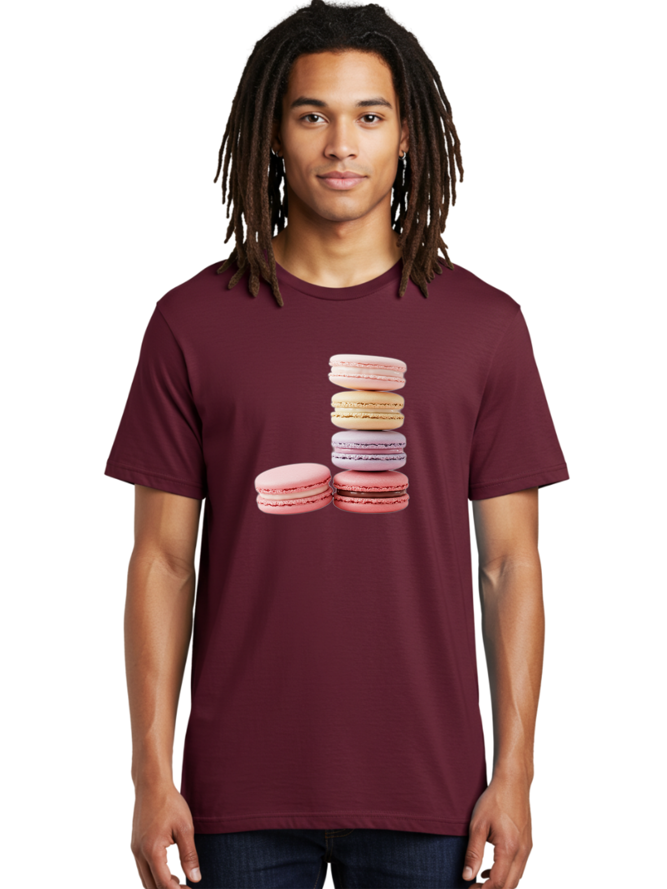 Macarons-3 Men'S Graphic Tee, 100% Cotton, Comfortable Casual Summer Wear, Machine Washable, Stacked Macarons, Pastel Colors, Pink, Purple, Beige, Dessert, Sweet Treats, French Macarons, Delicate Meringue-Based Cookies, Creamy Fillings, Baa947