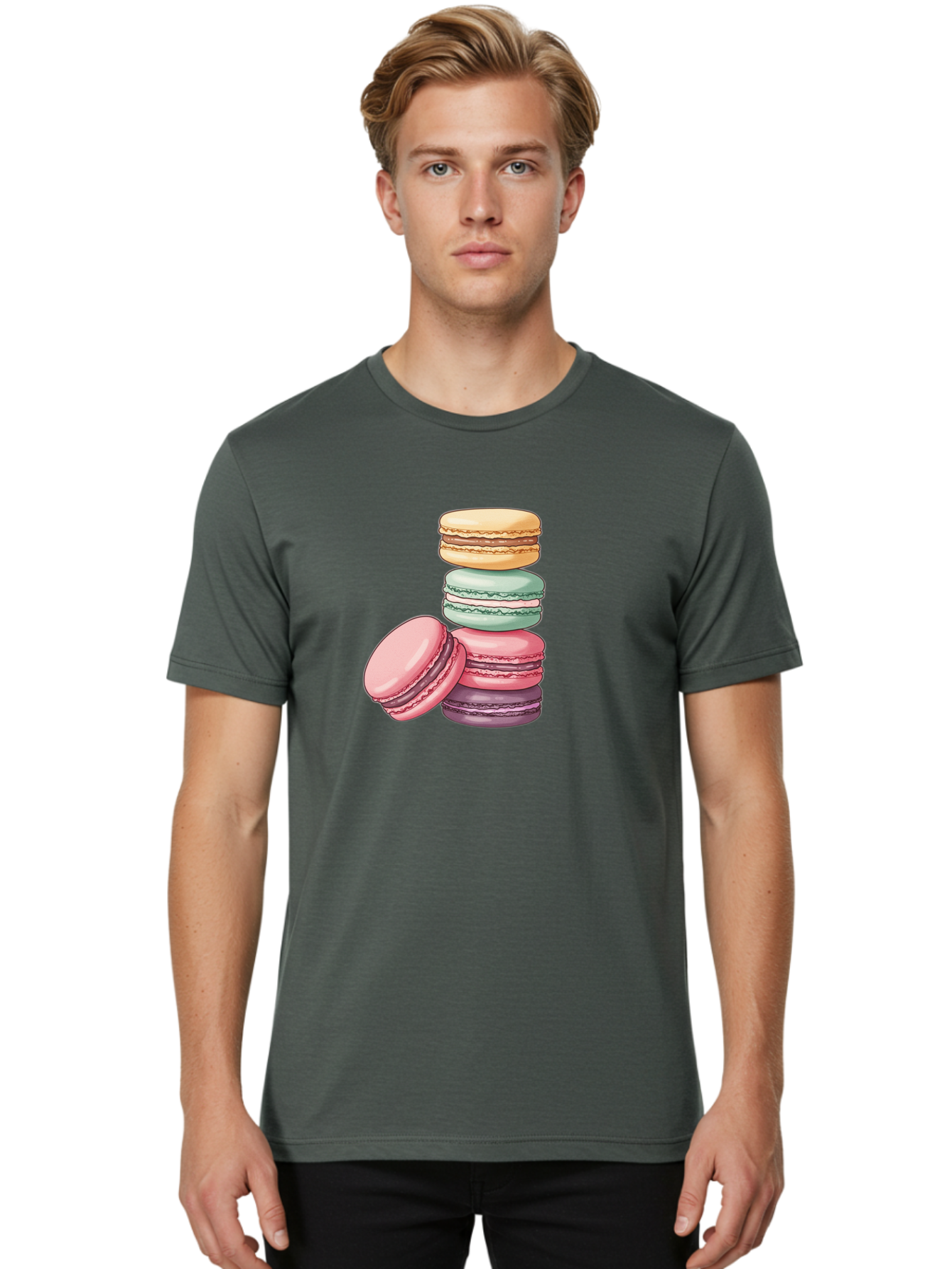 Macarons-4 Men'S Graphic Tee, 100% Cotton, Comfortable Casual Summer Wear, Machine Washable, Stack Of Colorful Macarons, Pastel Colors, Sweet Treats, Dessert, Baked Goods, French Patisserie, Macaron Stack, French Dessert, Colorful Sweets, Baa948