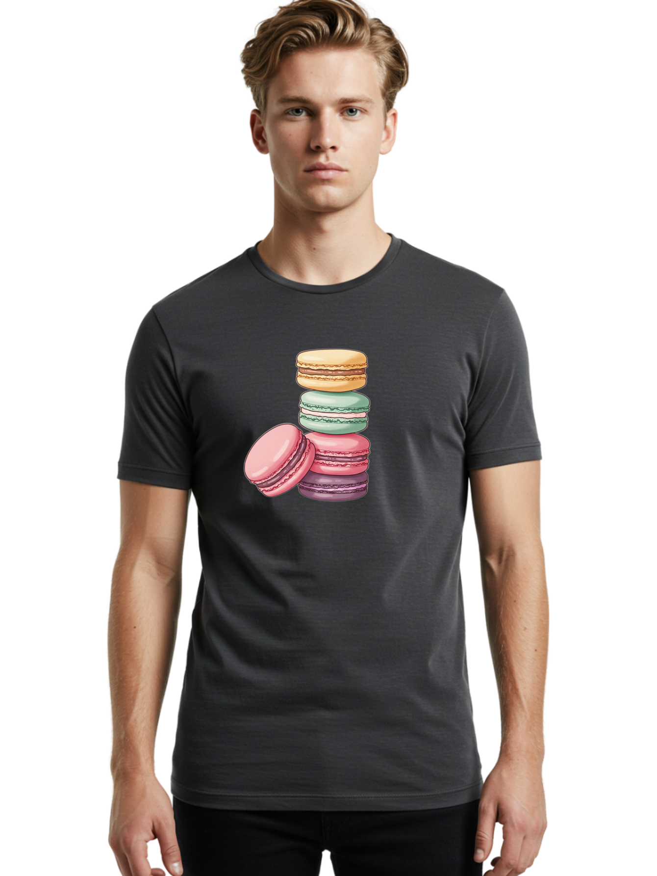 Macarons-4 Men'S Graphic Tee, 100% Cotton, Comfortable Casual Summer Wear, Machine Washable, Stack Of Colorful Macarons, Pastel Colors, Sweet Treats, Dessert, Baked Goods, French Patisserie, Macaron Stack, French Dessert, Colorful Sweets, Baa948