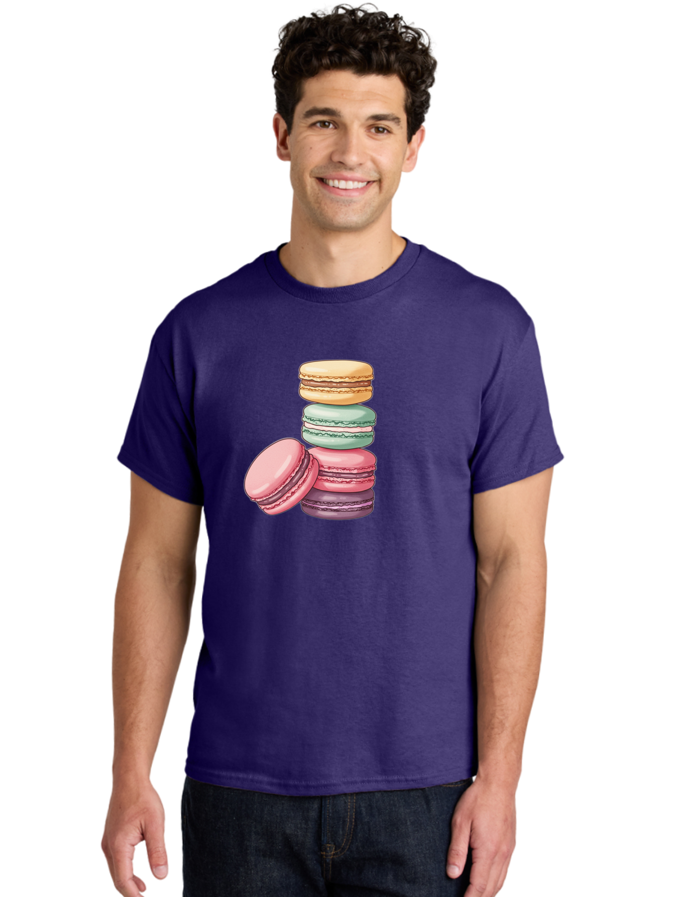 Macarons-4 Men'S Graphic Tee, 100% Cotton, Comfortable Casual Summer Wear, Machine Washable, Stack Of Colorful Macarons, Pastel Colors, Sweet Treats, Dessert, Baked Goods, French Patisserie, Macaron Stack, French Dessert, Colorful Sweets, Baa948