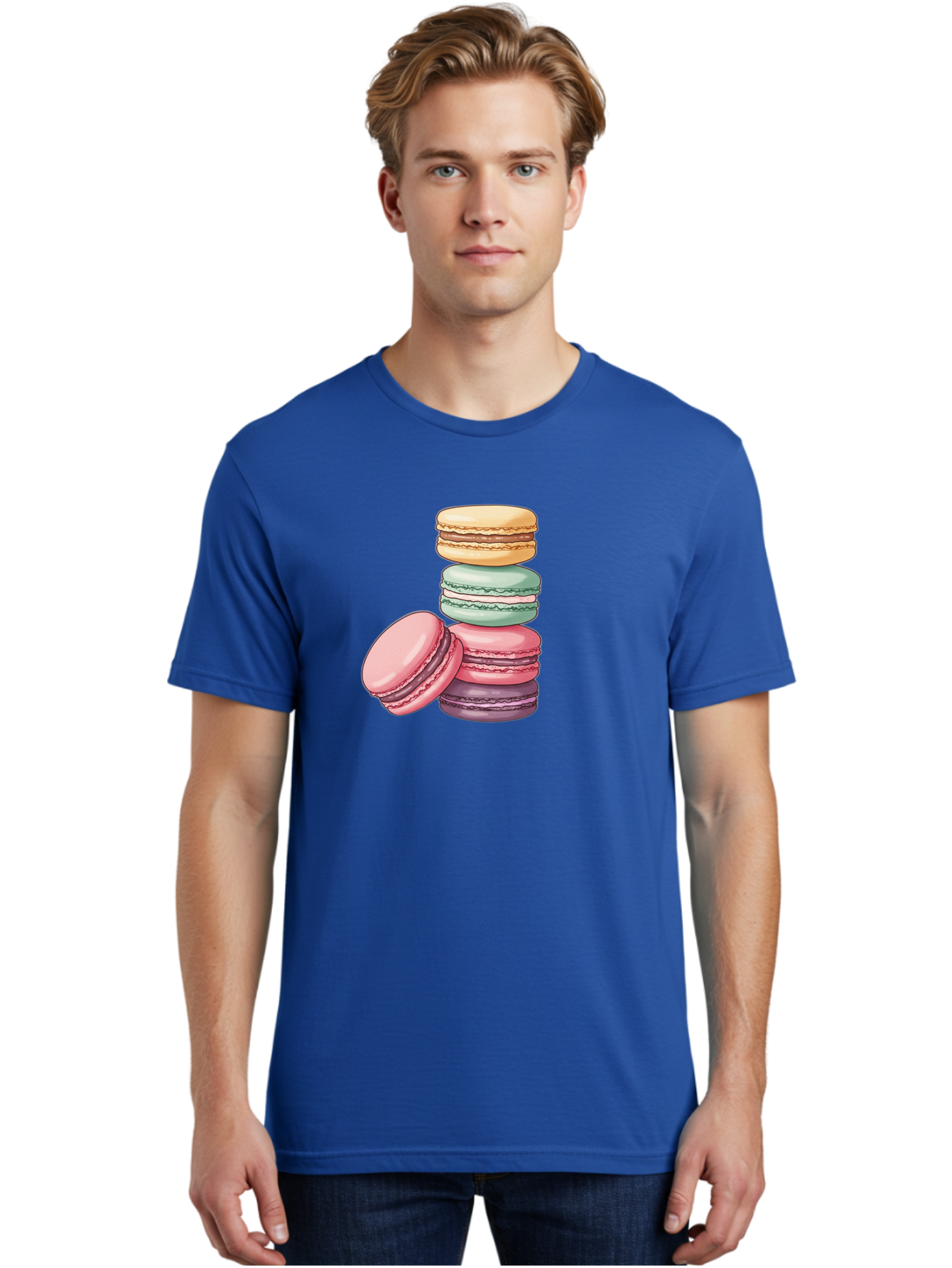 Macarons-4 Men'S Graphic Tee, 100% Cotton, Comfortable Casual Summer Wear, Machine Washable, Stack Of Colorful Macarons, Pastel Colors, Sweet Treats, Dessert, Baked Goods, French Patisserie, Macaron Stack, French Dessert, Colorful Sweets, Baa948