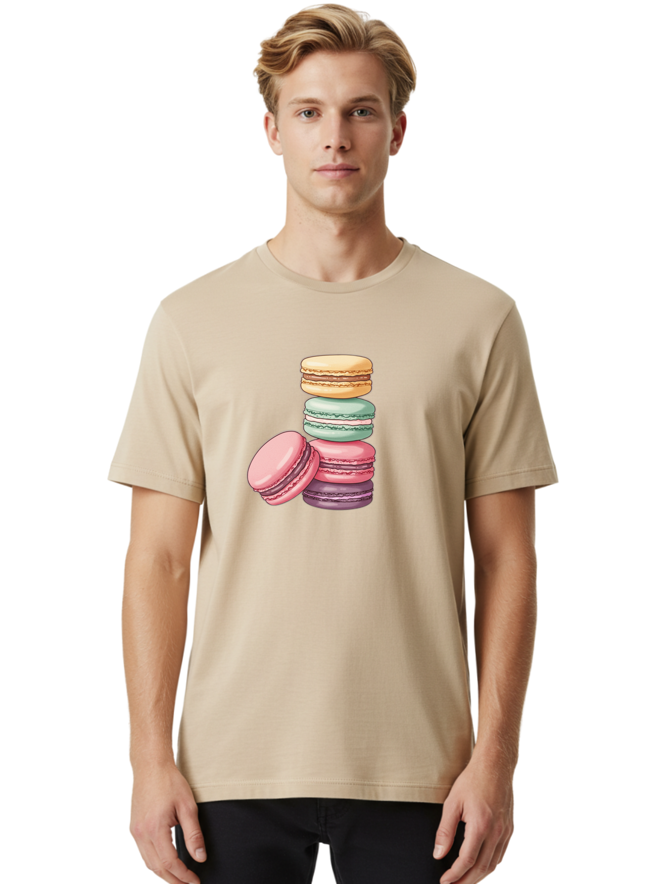Macarons-4 Men'S Graphic Tee, 100% Cotton, Comfortable Casual Summer Wear, Machine Washable, Stack Of Colorful Macarons, Pastel Colors, Sweet Treats, Dessert, Baked Goods, French Patisserie, Macaron Stack, French Dessert, Colorful Sweets, Baa948
