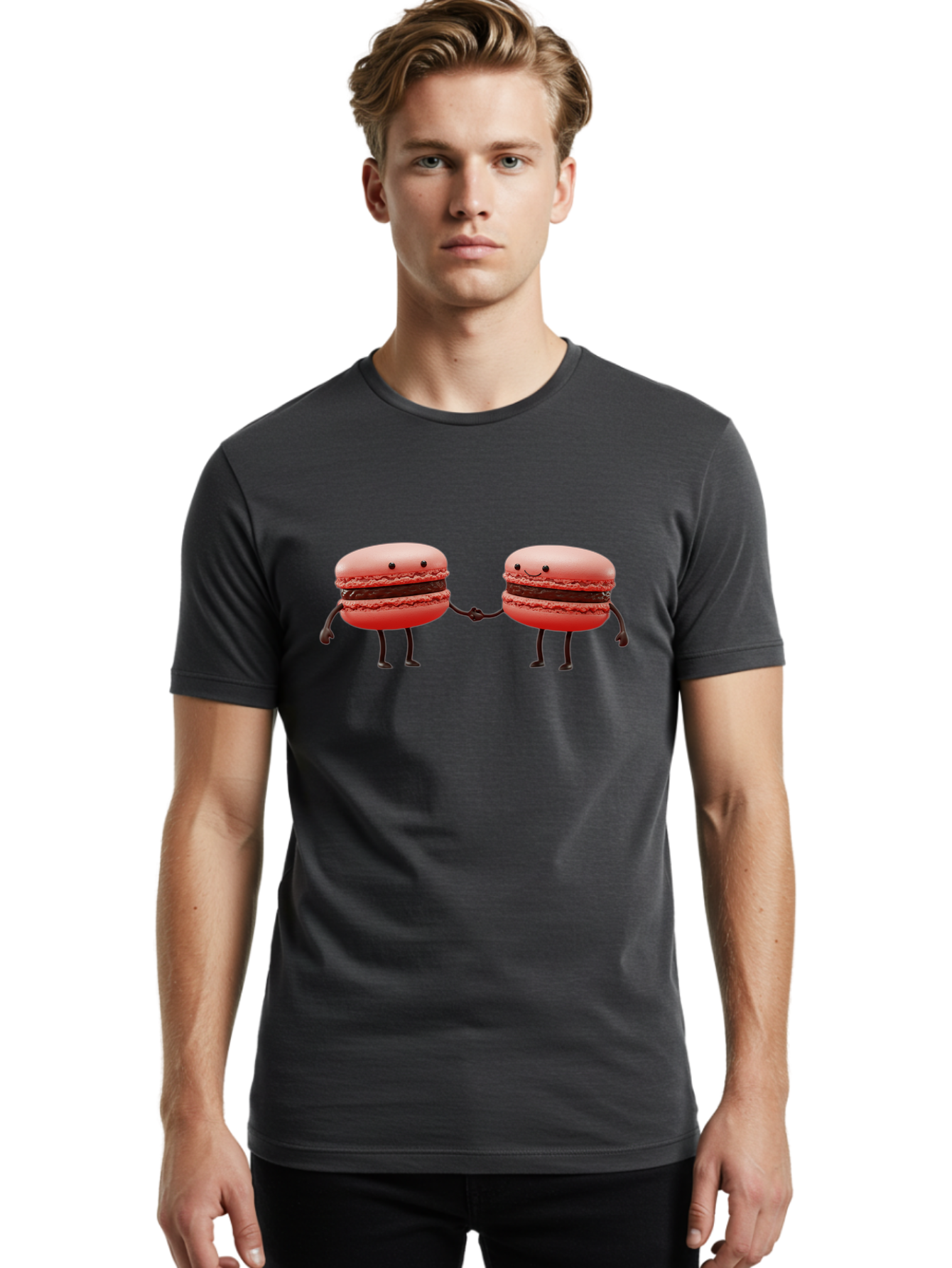 Macarons-6 Men'S Graphic Tee, 100% Cotton, Comfortable Casual Summer Wear, Machine Washable, Cartoon Macarons, Holding Hands, French Dessert, Sweet Treats, Adorable Characters, Whimsical Design, Playful Illustration, Pink Macarons, Baa950