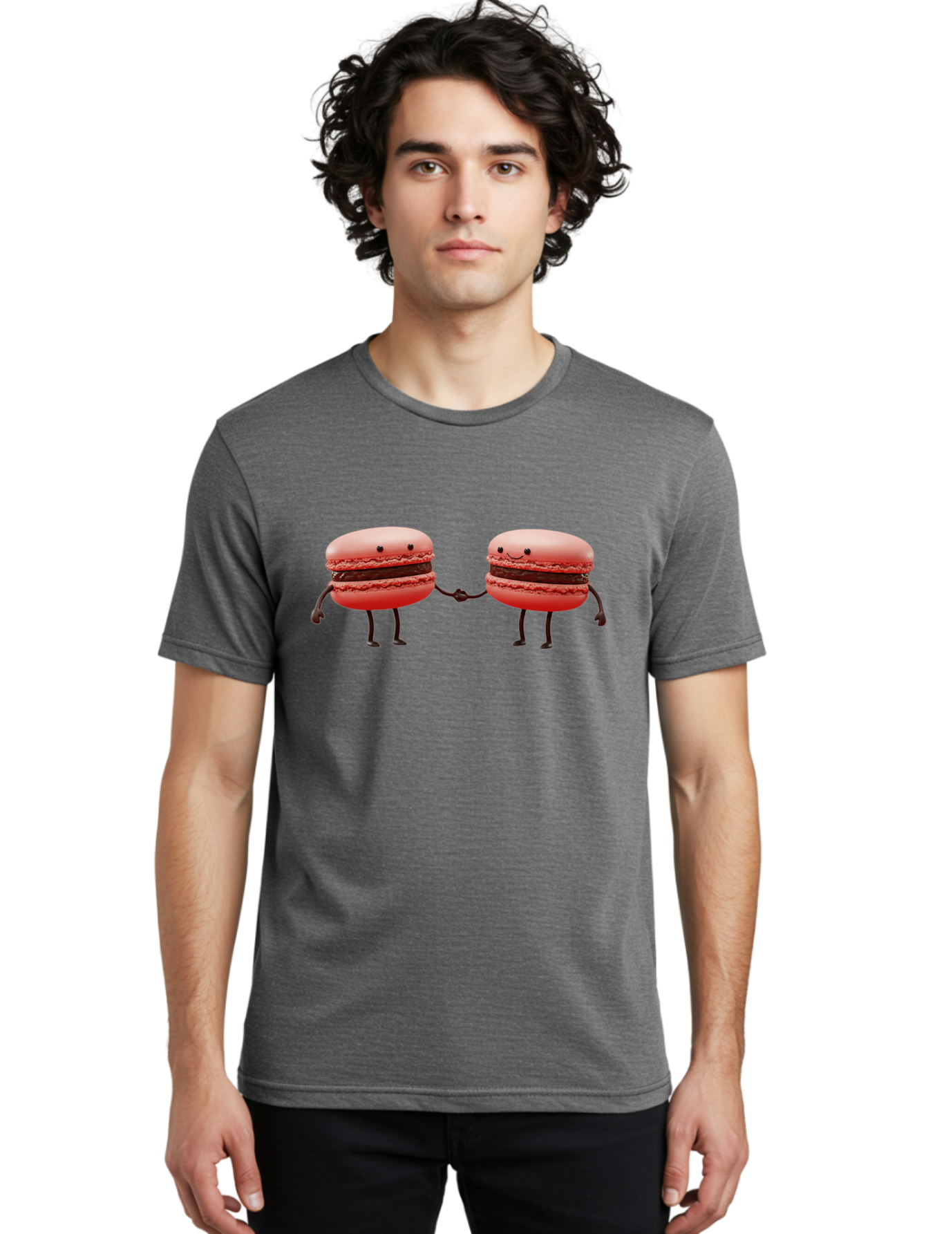 Macarons-6 Men'S Graphic Tee, 100% Cotton, Comfortable Casual Summer Wear, Machine Washable, Cartoon Macarons, Holding Hands, French Dessert, Sweet Treats, Adorable Characters, Whimsical Design, Playful Illustration, Pink Macarons, Baa950