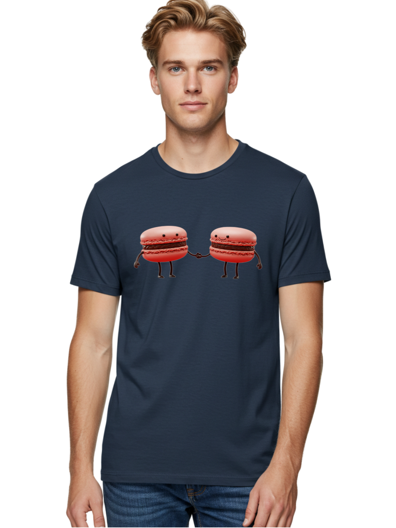Macarons-6 Men'S Graphic Tee, 100% Cotton, Comfortable Casual Summer Wear, Machine Washable, Cartoon Macarons, Holding Hands, French Dessert, Sweet Treats, Adorable Characters, Whimsical Design, Playful Illustration, Pink Macarons, Baa950