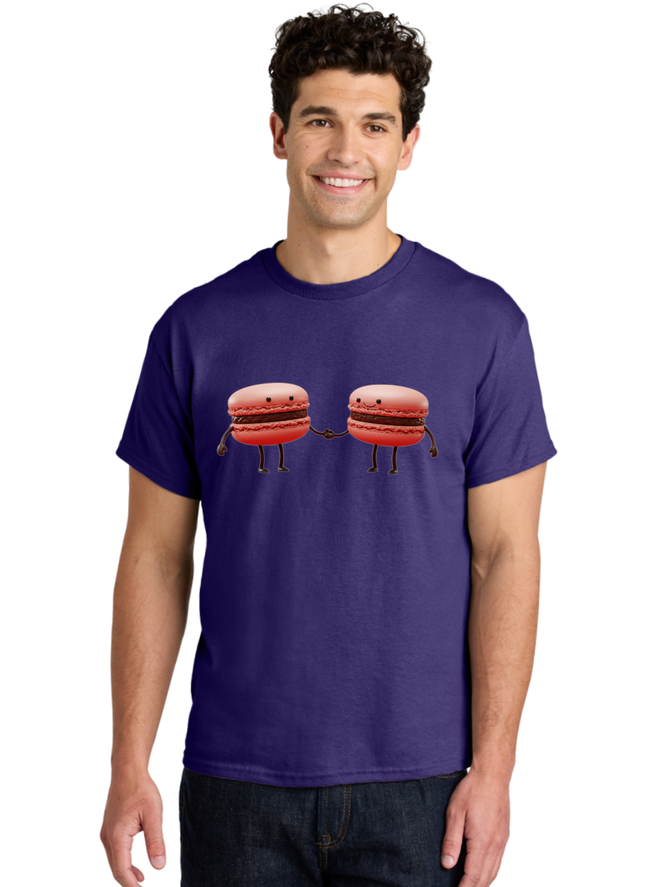 Macarons-6 Men'S Graphic Tee, 100% Cotton, Comfortable Casual Summer Wear, Machine Washable, Cartoon Macarons, Holding Hands, French Dessert, Sweet Treats, Adorable Characters, Whimsical Design, Playful Illustration, Pink Macarons, Baa950