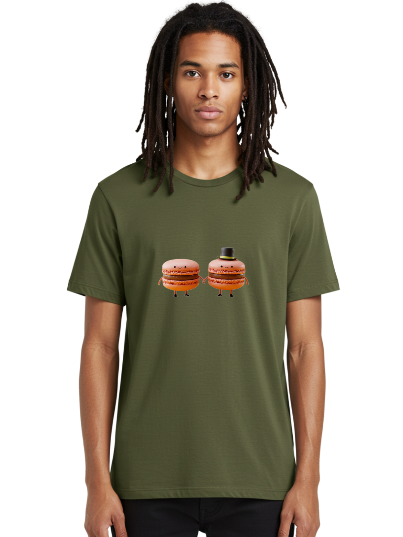 Macarons-7 Men'S Graphic Tee, 100% Cotton, Comfortable Casual Summer Wear, Machine Washable, Pink Macarons, Cartoon Characters, Holding Hands, Black Top Hat, Sweet Treats, Desserts, Whimsical, Playful, Anthropomorphic, Cute, Funny, Baa951