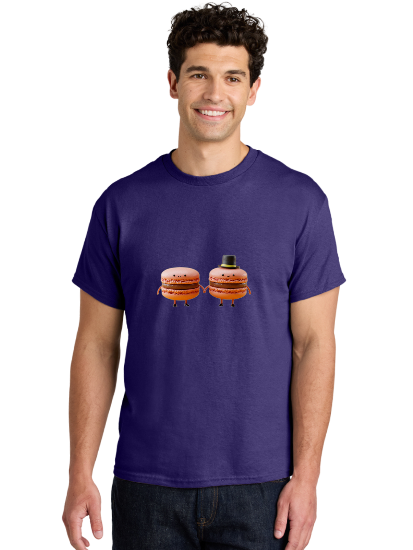 Macarons-7 Men'S Graphic Tee, 100% Cotton, Comfortable Casual Summer Wear, Machine Washable, Pink Macarons, Cartoon Characters, Holding Hands, Black Top Hat, Sweet Treats, Desserts, Whimsical, Playful, Anthropomorphic, Cute, Funny, Baa951