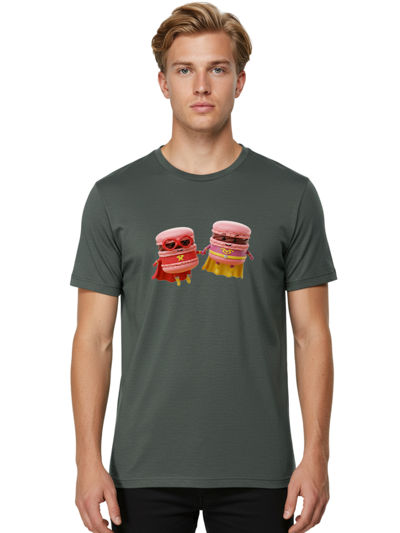 Macarons-8 Men'S Graphic Tee, 100% Cotton, Comfortable Casual Summer Wear, Machine Washable, Superhero Macarons, Macaron Characters, Pink Macarons, Superhero Costumes, Whimsical Desserts, Fantasy Food, Colorful Treats, Macaron Superheroes, Baa952