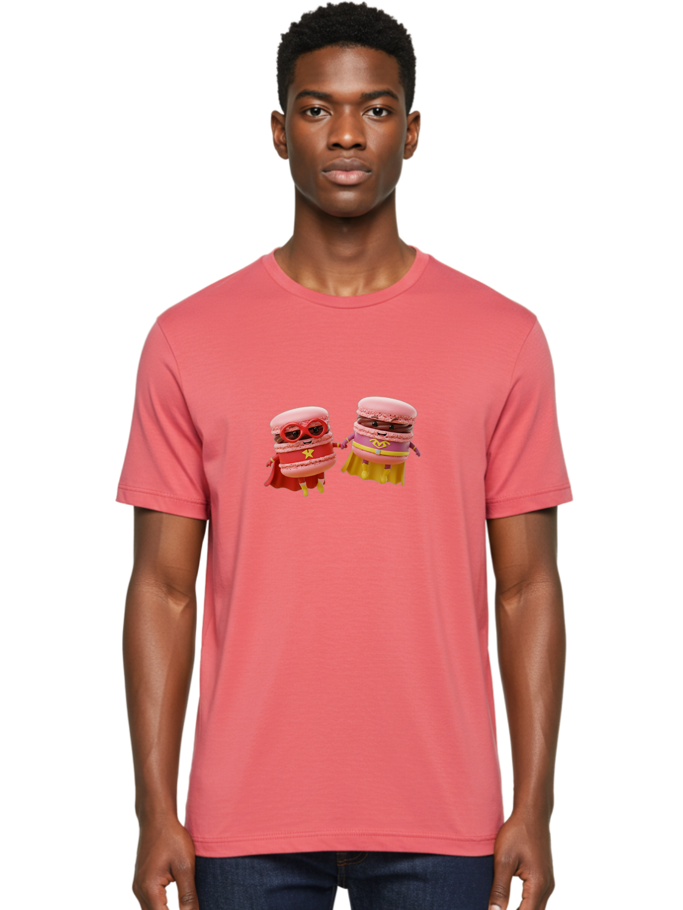 Macarons-8 Men'S Graphic Tee, 100% Cotton, Comfortable Casual Summer Wear, Machine Washable, Superhero Macarons, Macaron Characters, Pink Macarons, Superhero Costumes, Whimsical Desserts, Fantasy Food, Colorful Treats, Macaron Superheroes, Baa952