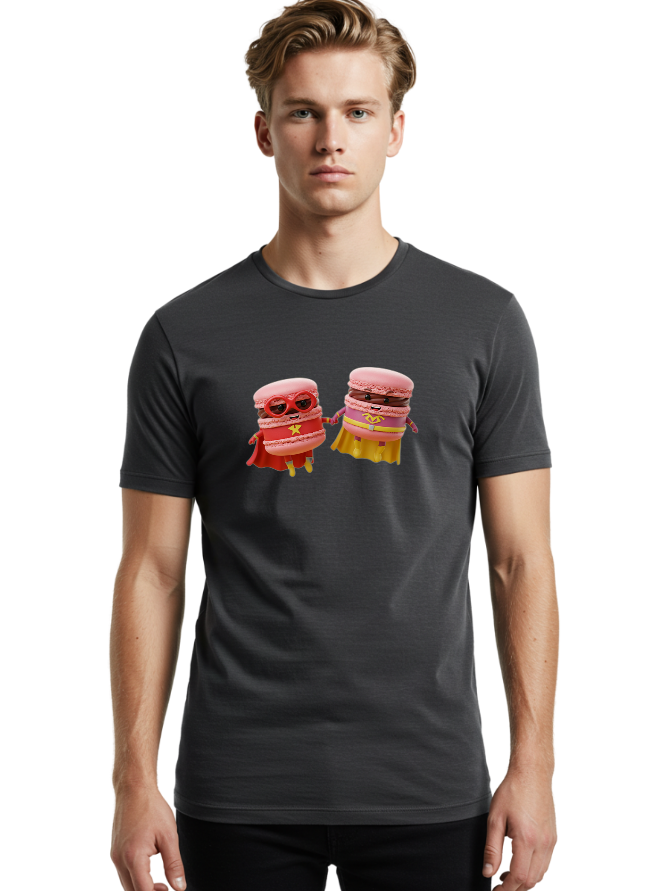 Macarons-8 Men'S Graphic Tee, 100% Cotton, Comfortable Casual Summer Wear, Machine Washable, Superhero Macarons, Macaron Characters, Pink Macarons, Superhero Costumes, Whimsical Desserts, Fantasy Food, Colorful Treats, Macaron Superheroes, Baa952