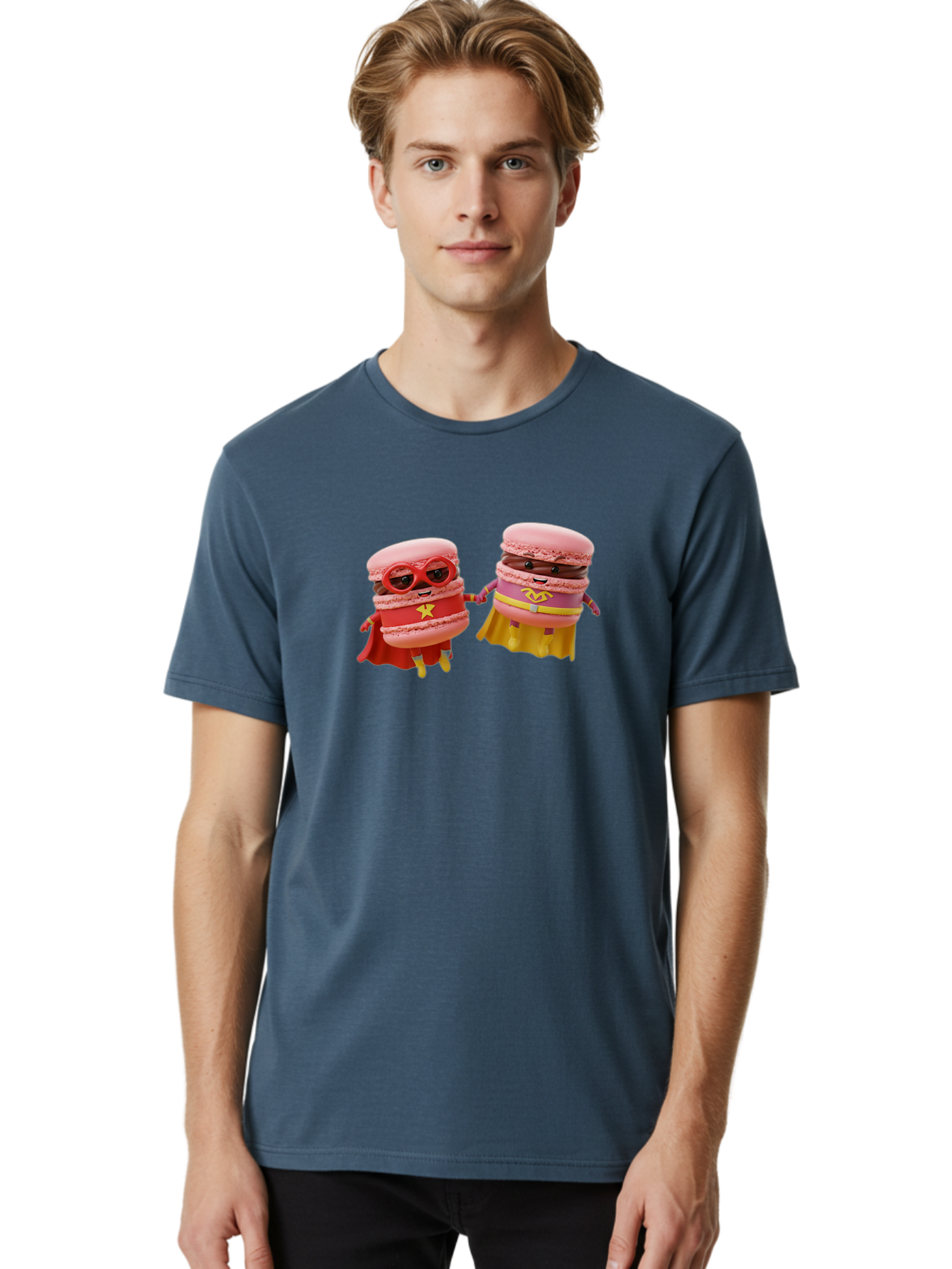 Macarons-8 Men'S Graphic Tee, 100% Cotton, Comfortable Casual Summer Wear, Machine Washable, Superhero Macarons, Macaron Characters, Pink Macarons, Superhero Costumes, Whimsical Desserts, Fantasy Food, Colorful Treats, Macaron Superheroes, Baa952