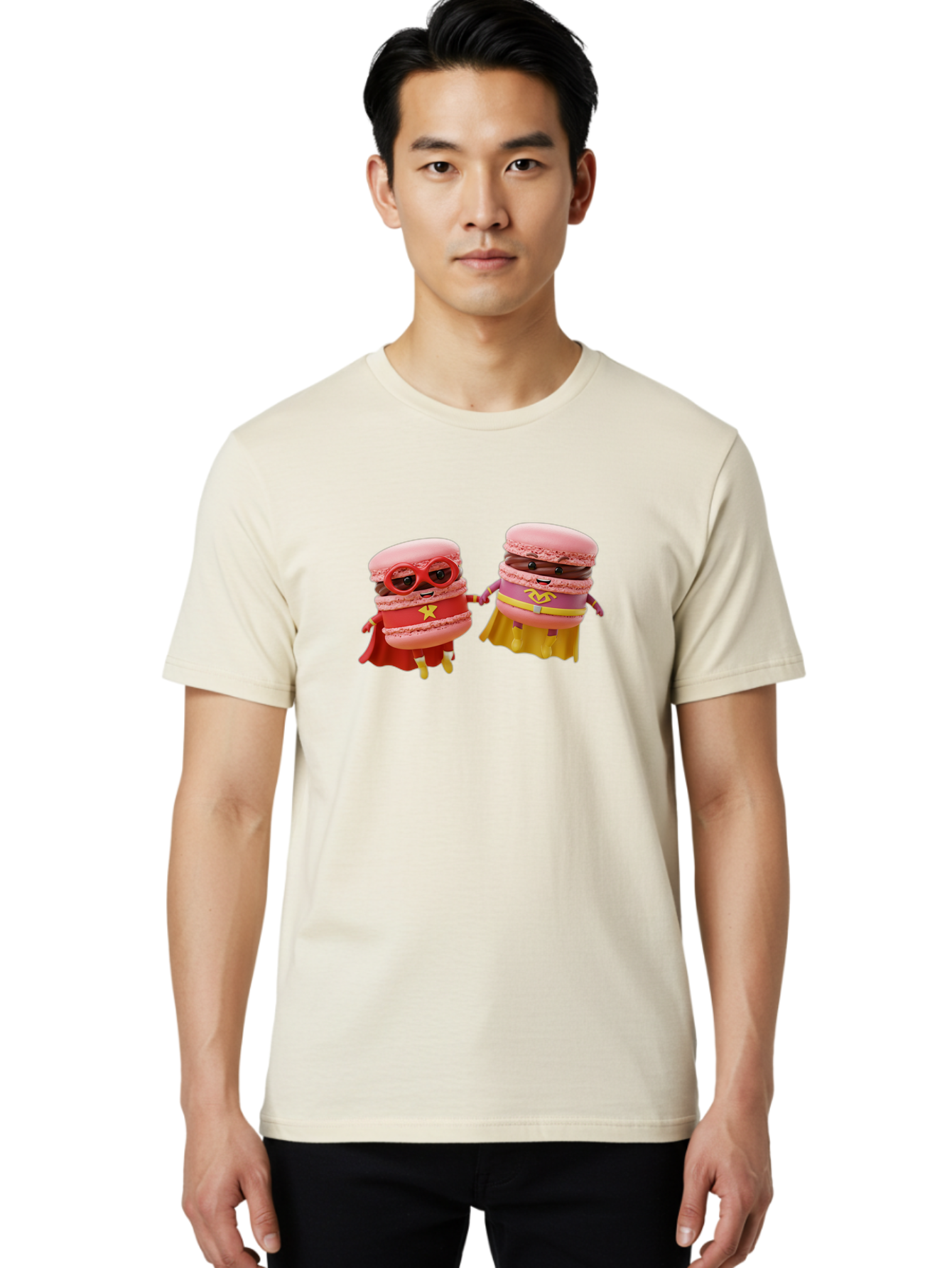 Macarons-8 Men'S Graphic Tee, 100% Cotton, Comfortable Casual Summer Wear, Machine Washable, Superhero Macarons, Macaron Characters, Pink Macarons, Superhero Costumes, Whimsical Desserts, Fantasy Food, Colorful Treats, Macaron Superheroes, Baa952