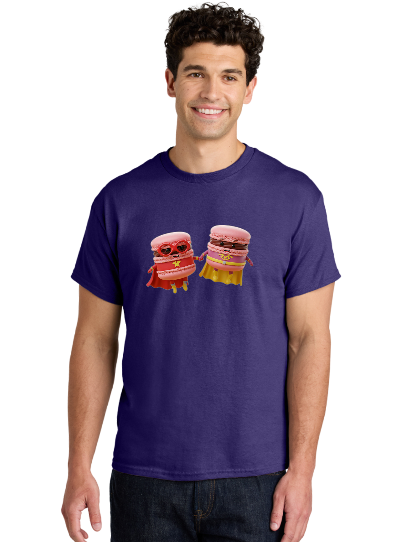 Macarons-8 Men'S Graphic Tee, 100% Cotton, Comfortable Casual Summer Wear, Machine Washable, Superhero Macarons, Macaron Characters, Pink Macarons, Superhero Costumes, Whimsical Desserts, Fantasy Food, Colorful Treats, Macaron Superheroes, Baa952