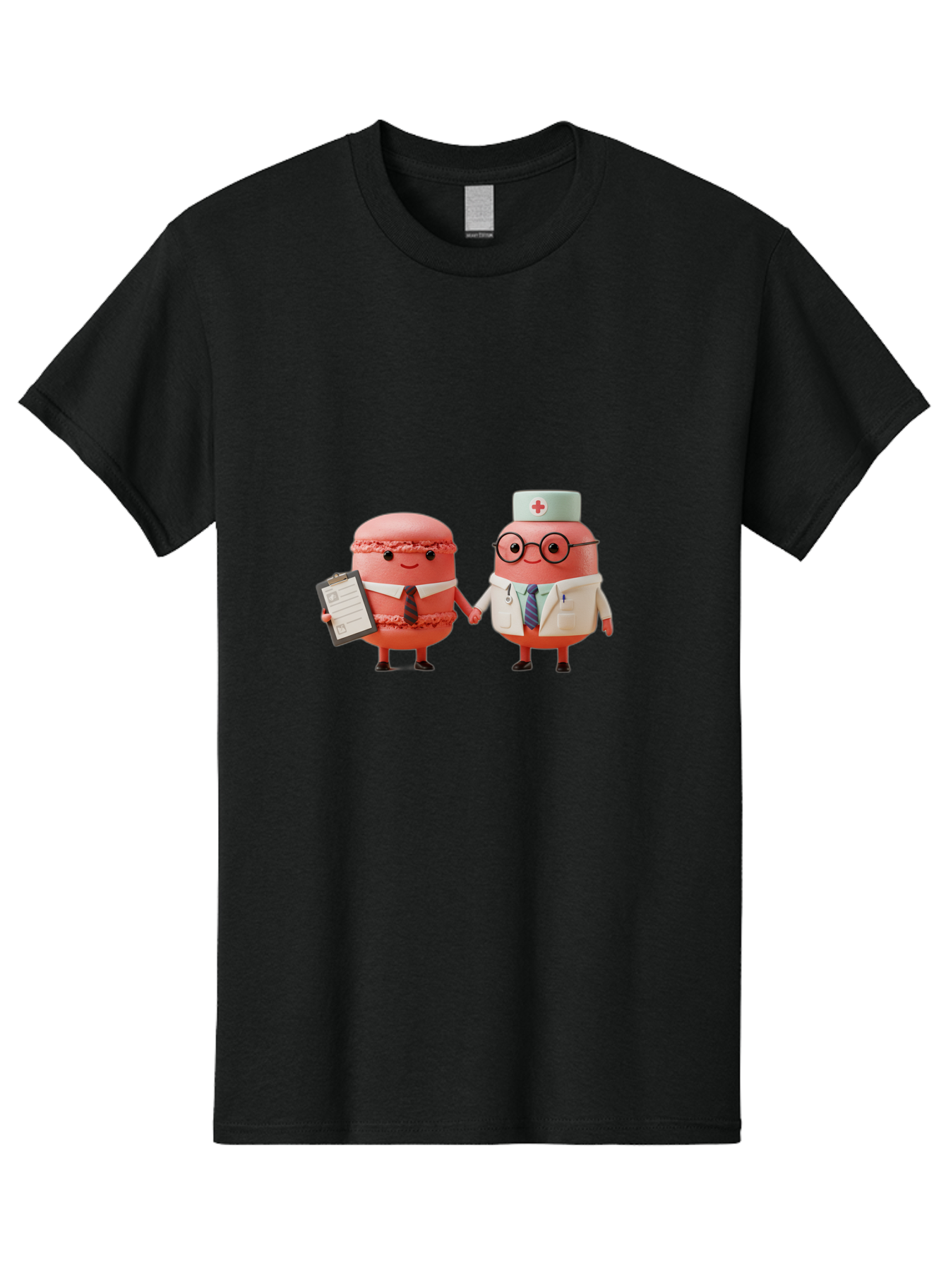 Macarons-9 Men'S Graphic Tee, 100% Cotton, Comfortable Casual Summer Wear, Machine Washable, Macarons As Professionals, Doctor And Office Worker, Cartoon Characters, Pink Macarons, Business Attire, Medical Uniform, Holding Hands, Happy Faces, Baa953