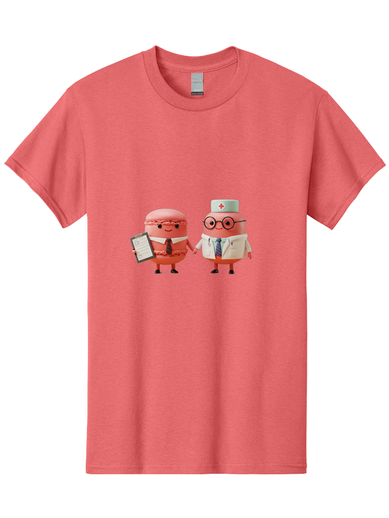 Macarons-9 Men'S Graphic Tee, 100% Cotton, Comfortable Casual Summer Wear, Machine Washable, Macarons As Professionals, Doctor And Office Worker, Cartoon Characters, Pink Macarons, Business Attire, Medical Uniform, Holding Hands, Happy Faces, Baa953