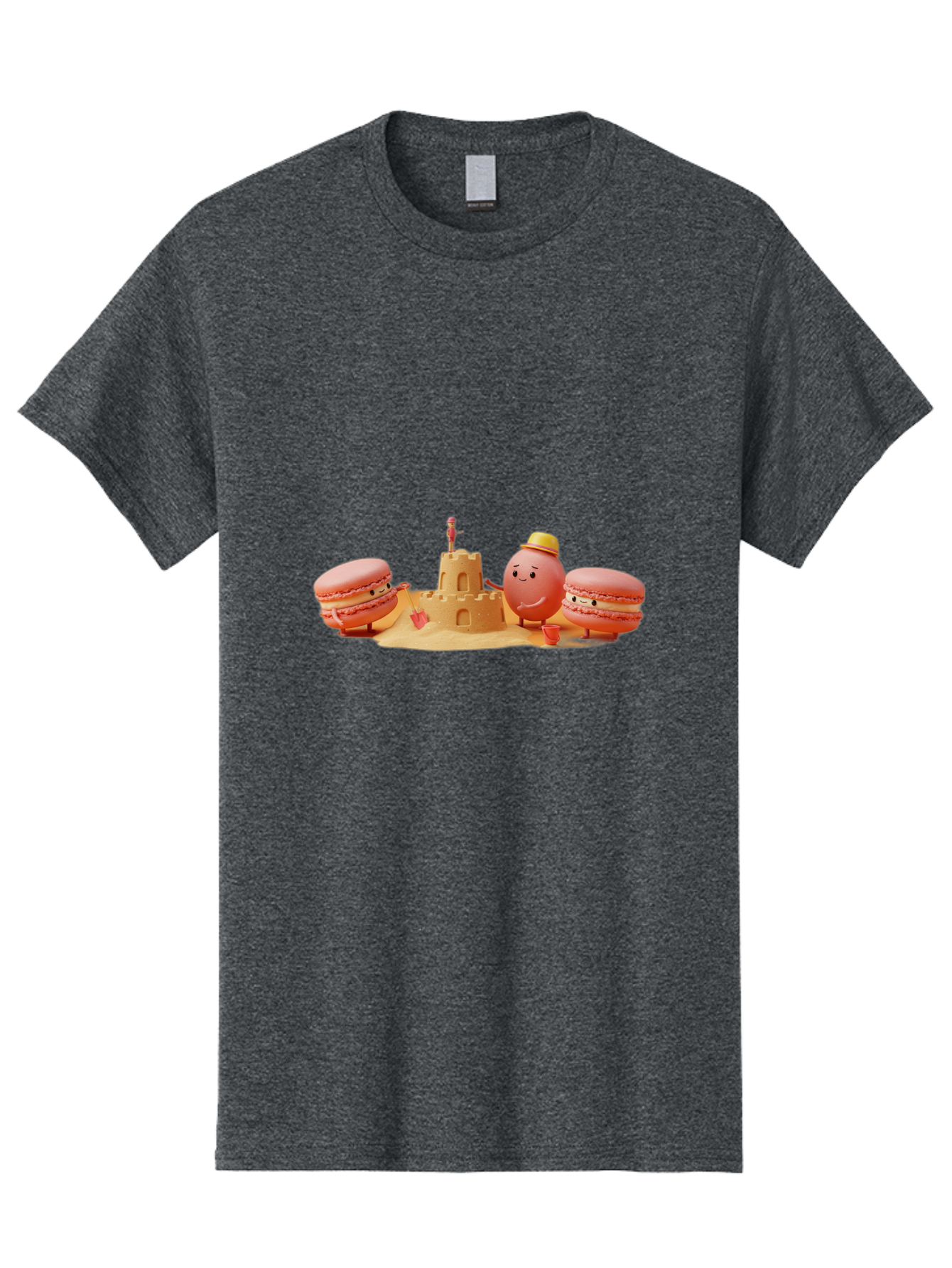 Macarons-And-Macaron-Character-By-Sandcastle Men'S Graphic Tee, 100% Cotton, Comfortable Casual Summer Wear, Machine Washable, Cartoon Macarons, Sandcastle, Beach Scene, Funny Friends, Sweet Treats, Summer Vibes, Playful Characters, Baa954