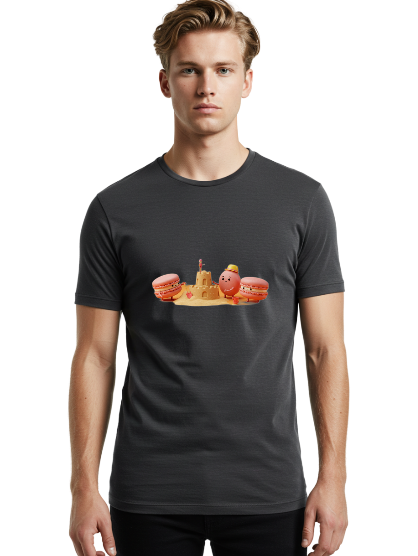 Macarons-And-Macaron-Character-By-Sandcastle Men'S Graphic Tee, 100% Cotton, Comfortable Casual Summer Wear, Machine Washable, Cartoon Macarons, Sandcastle, Beach Scene, Funny Friends, Sweet Treats, Summer Vibes, Playful Characters, Baa954