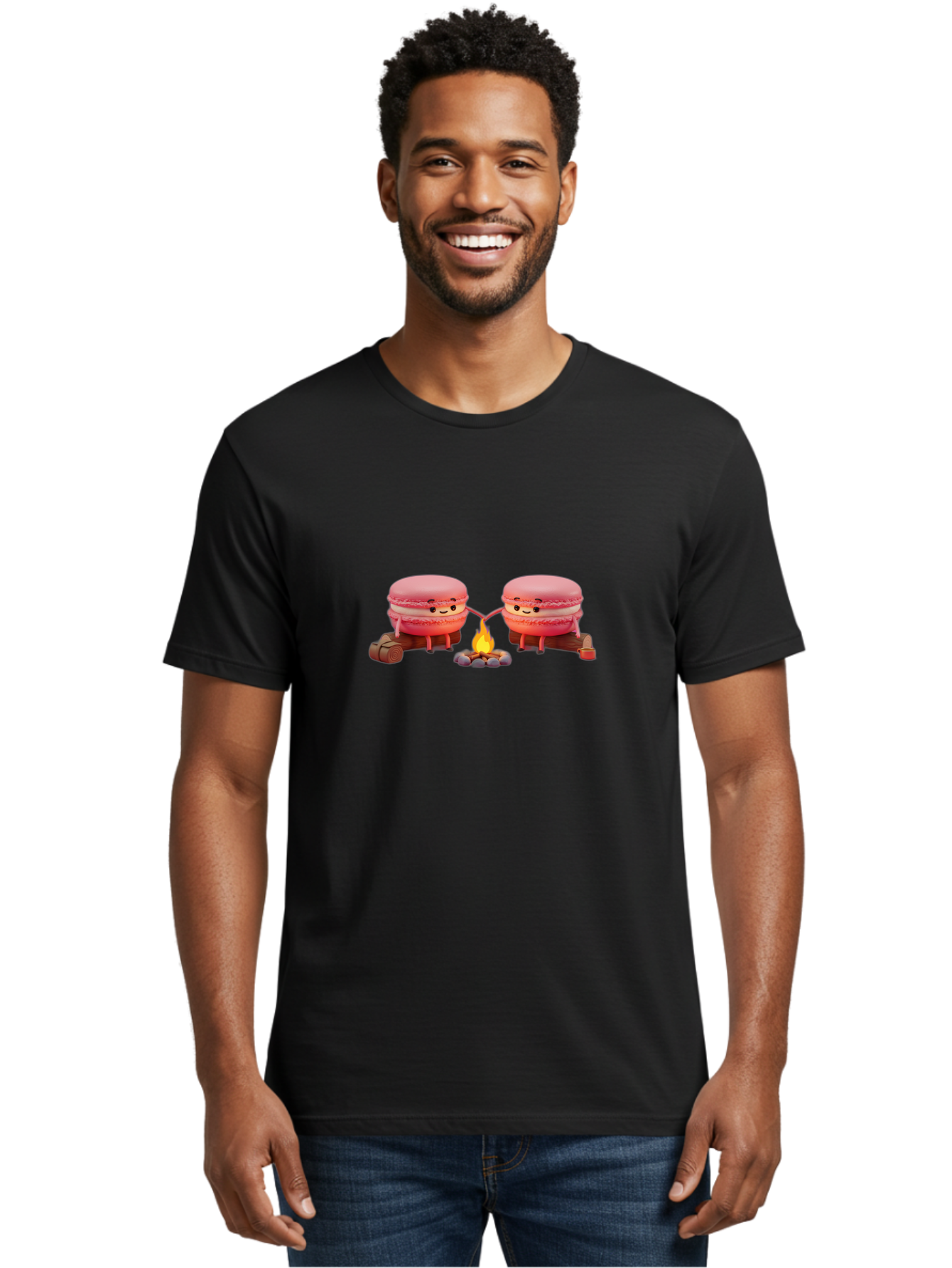 Macarons-By-The-Campfire Men'S Graphic Tee, 100% Cotton, Comfortable Casual Summer Wear, Machine Washable, Cartoon Macarons On Camping Trip, Adorable Dessert Characters, Macarons Holding Hands, Camping Adventure, Outdoor Fun, Sweet Treats, Baa955