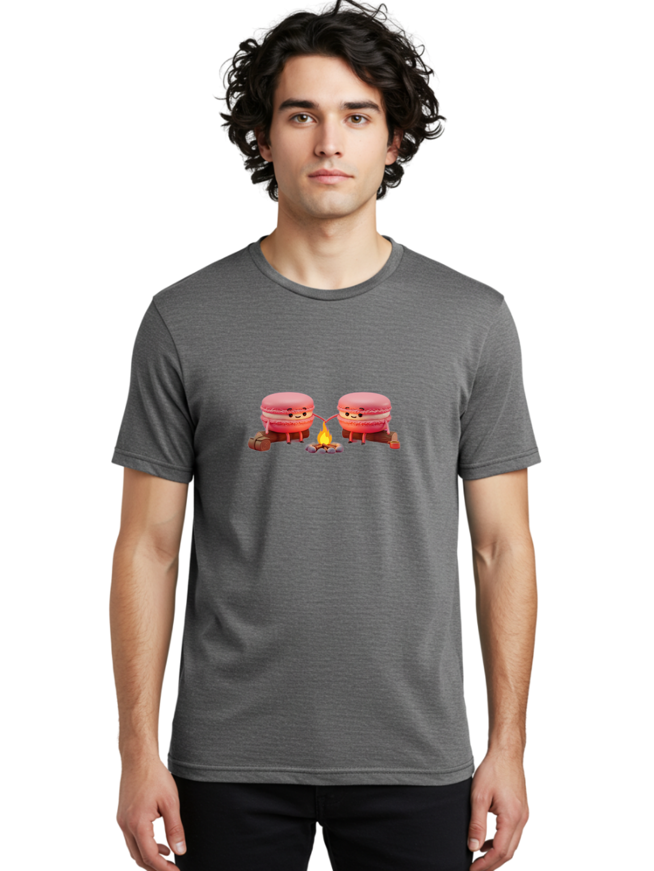 Macarons-By-The-Campfire Men'S Graphic Tee, 100% Cotton, Comfortable Casual Summer Wear, Machine Washable, Cartoon Macarons On Camping Trip, Adorable Dessert Characters, Macarons Holding Hands, Camping Adventure, Outdoor Fun, Sweet Treats, Baa955