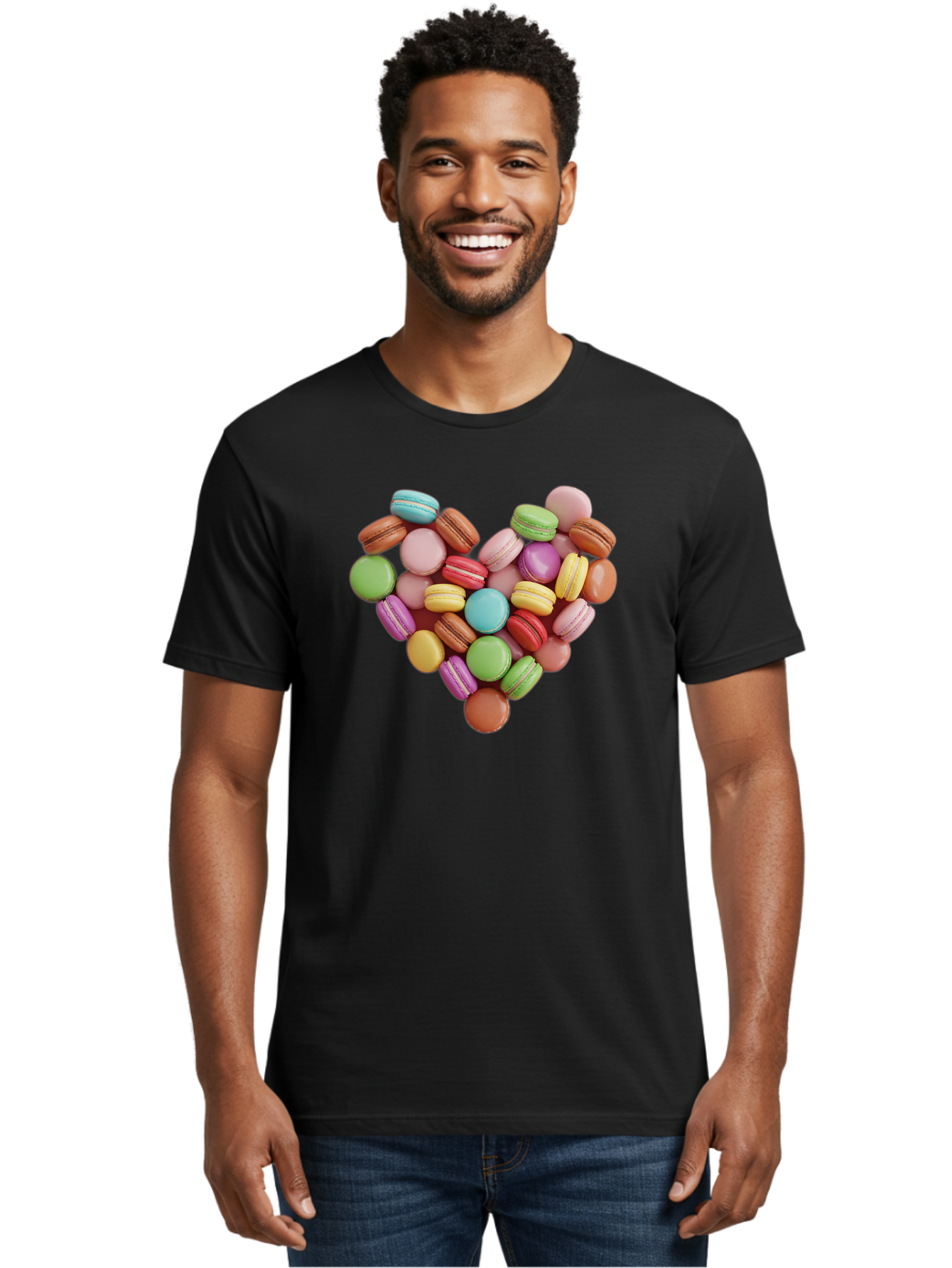 Macarons-Heart Men'S Graphic Tee, 100% Cotton, Comfortable Casual Summer Wear, Machine Washable, Pastel Colored Macarons, Heart-Shaped Arrangement, Sweet Treats, Desserts, Colorful Sweets, French Patisserie, Macaron Dessert, Vibrant Colors, Baa956