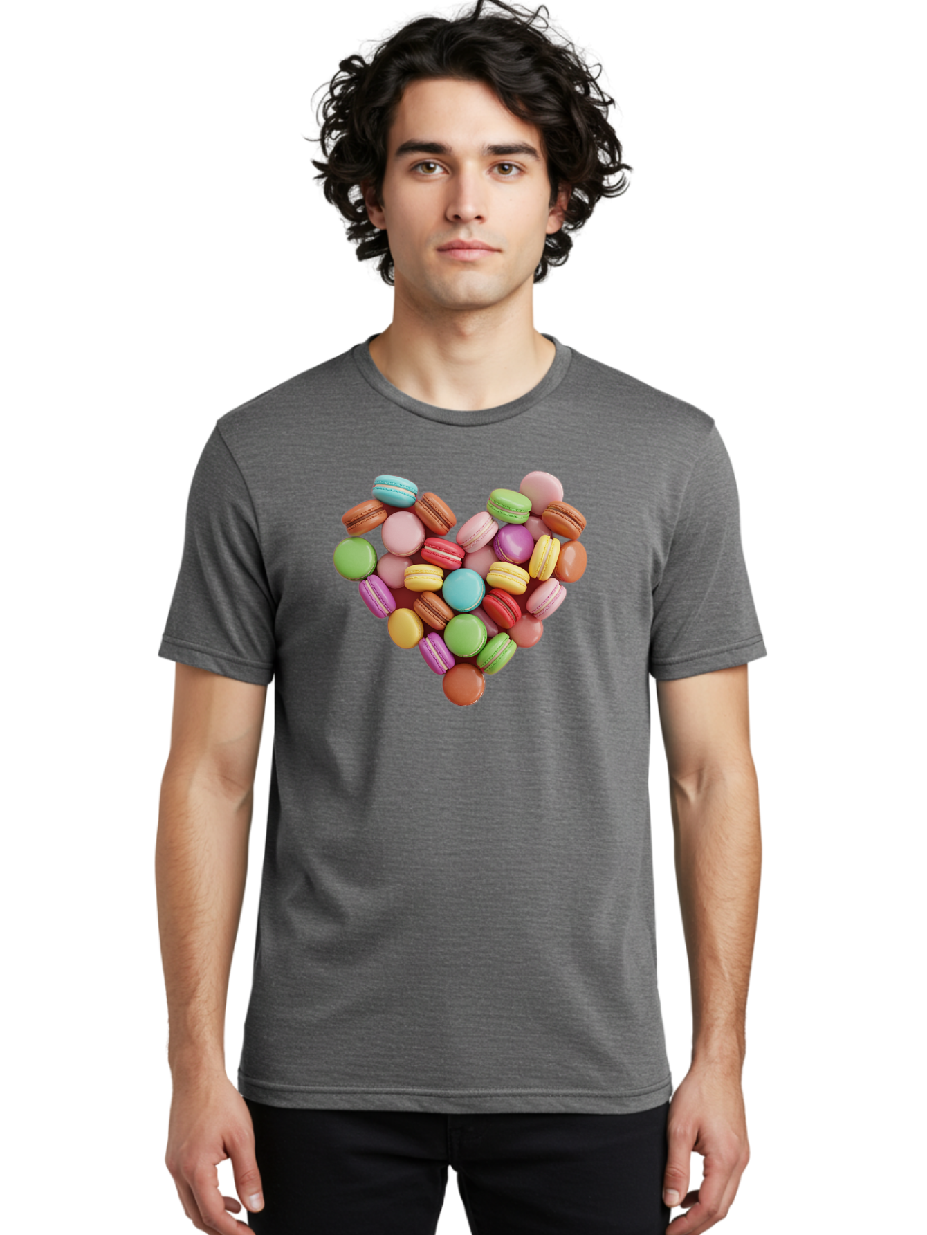Macarons-Heart Men'S Graphic Tee, 100% Cotton, Comfortable Casual Summer Wear, Machine Washable, Pastel Colored Macarons, Heart-Shaped Arrangement, Sweet Treats, Desserts, Colorful Sweets, French Patisserie, Macaron Dessert, Vibrant Colors, Baa956