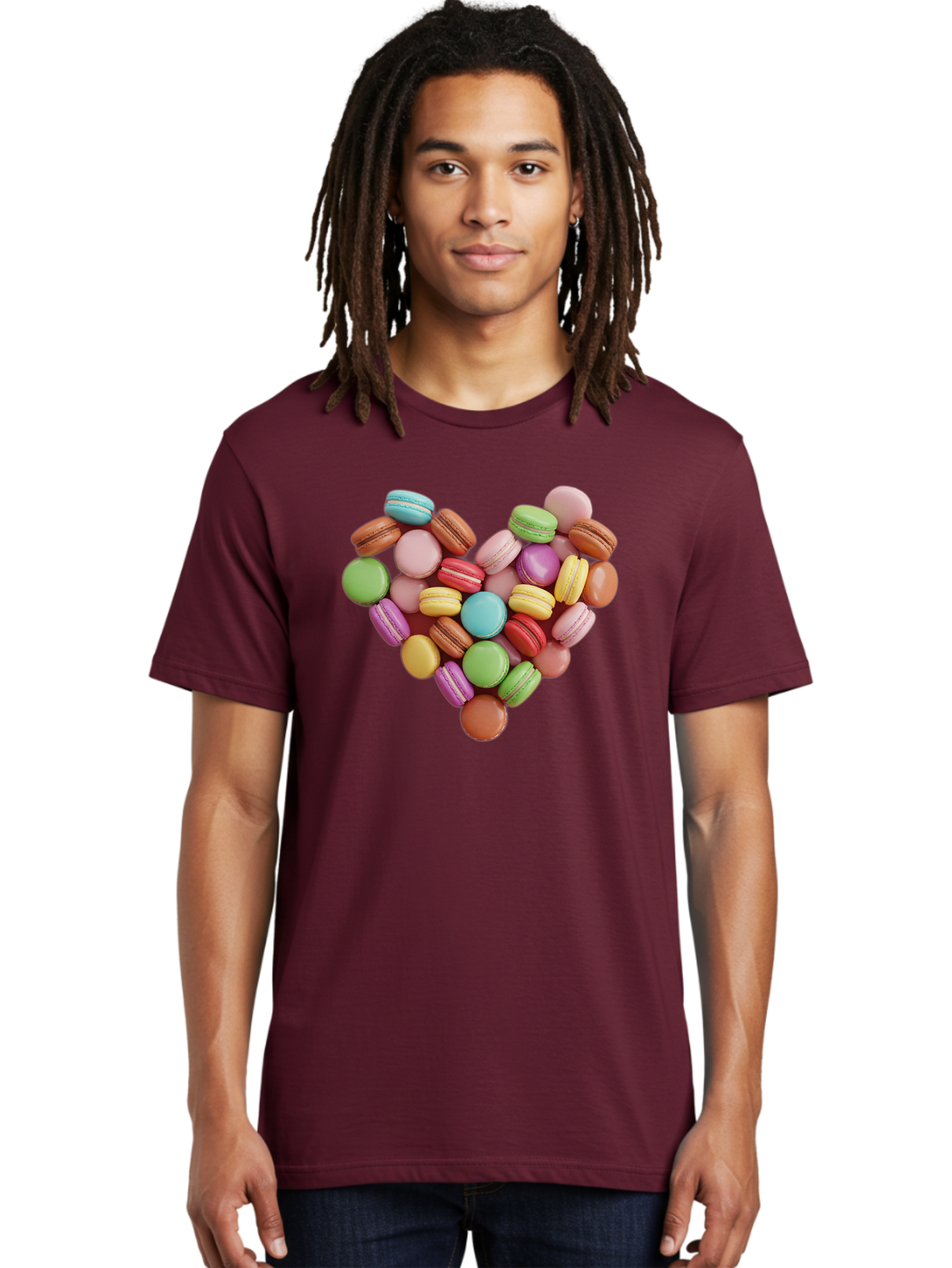 Macarons-Heart Men'S Graphic Tee, 100% Cotton, Comfortable Casual Summer Wear, Machine Washable, Pastel Colored Macarons, Heart-Shaped Arrangement, Sweet Treats, Desserts, Colorful Sweets, French Patisserie, Macaron Dessert, Vibrant Colors, Baa956
