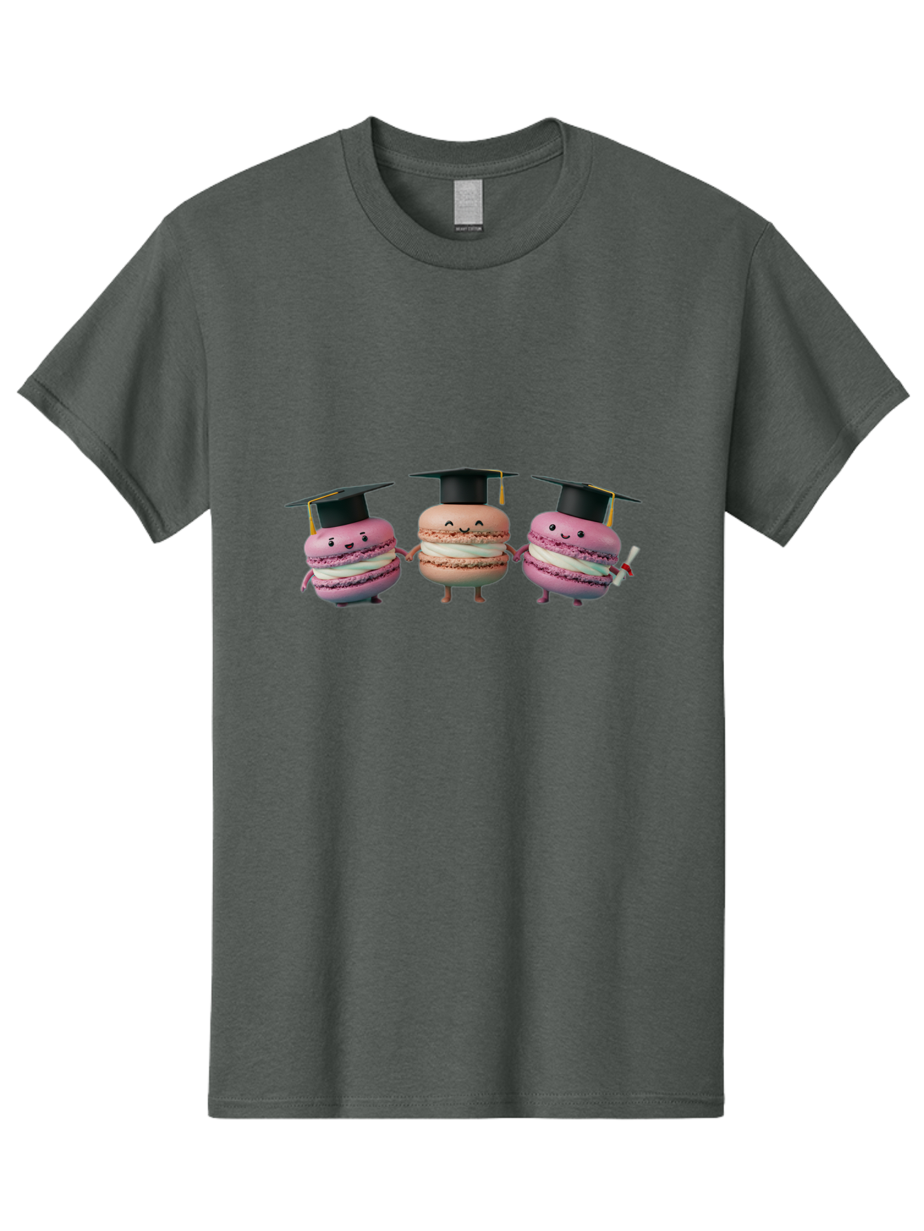 Macarons-In-Graduation-Caps Men'S Graphic Tee, 100% Cotton, Comfortable Casual Summer Wear, Machine Washable, Macarons In Graduation Caps, Cartoon Characters, Holding Hands, Smiling Faces, Diploma In Hand, Celebratory Mood, Pink Macarons, Baa957